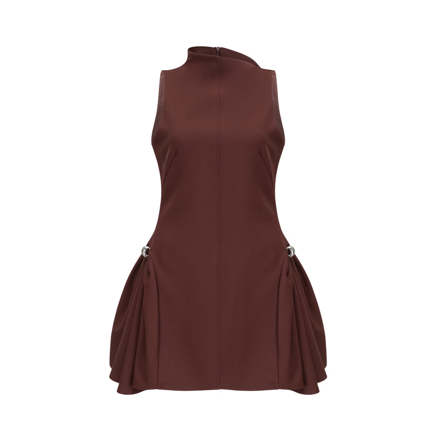 Dora brown asymmetric-neck puff mini dress