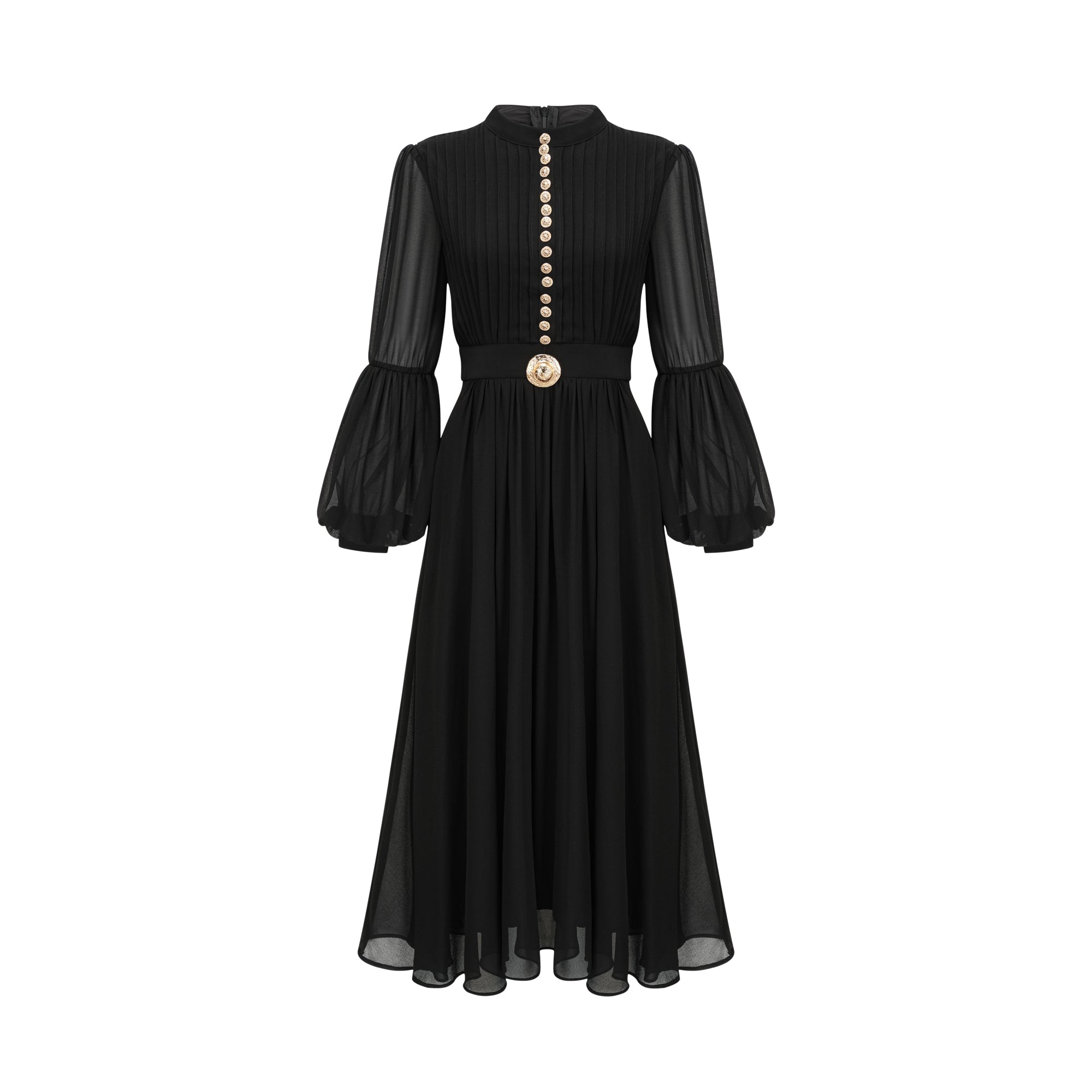 Viviane black pleated button-front midi dress