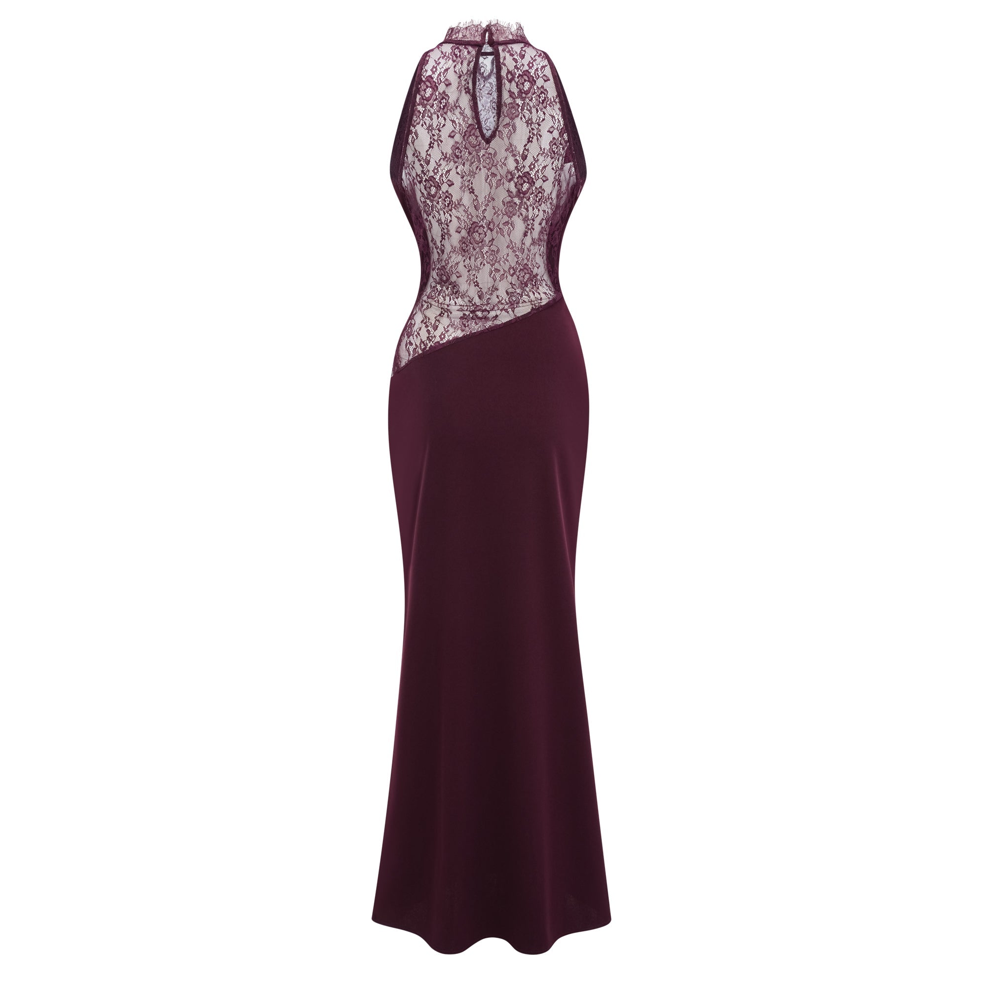 Gioconda Burgundy Halterneck Lace Panel Maxi Dress