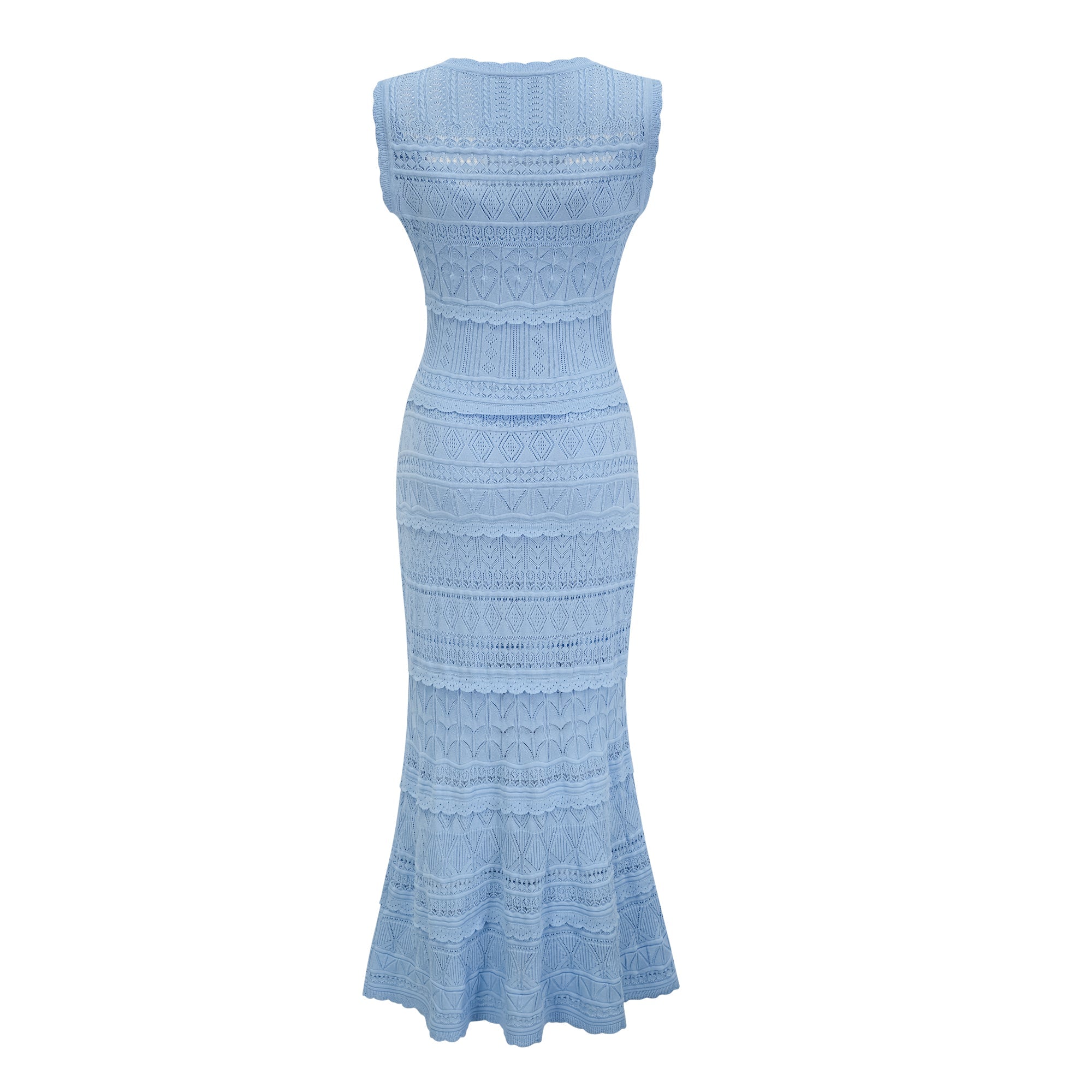Mailys blue ruffled-trim crochet-knit midi dress