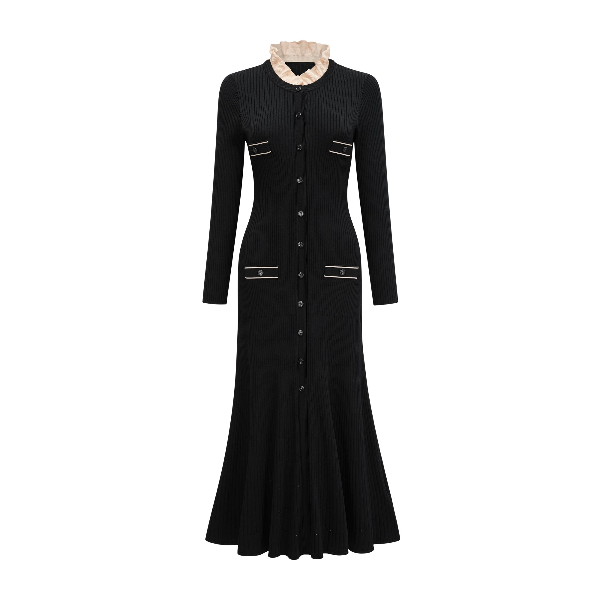 Nadège black ruffled-neck knitted midi dress - Black