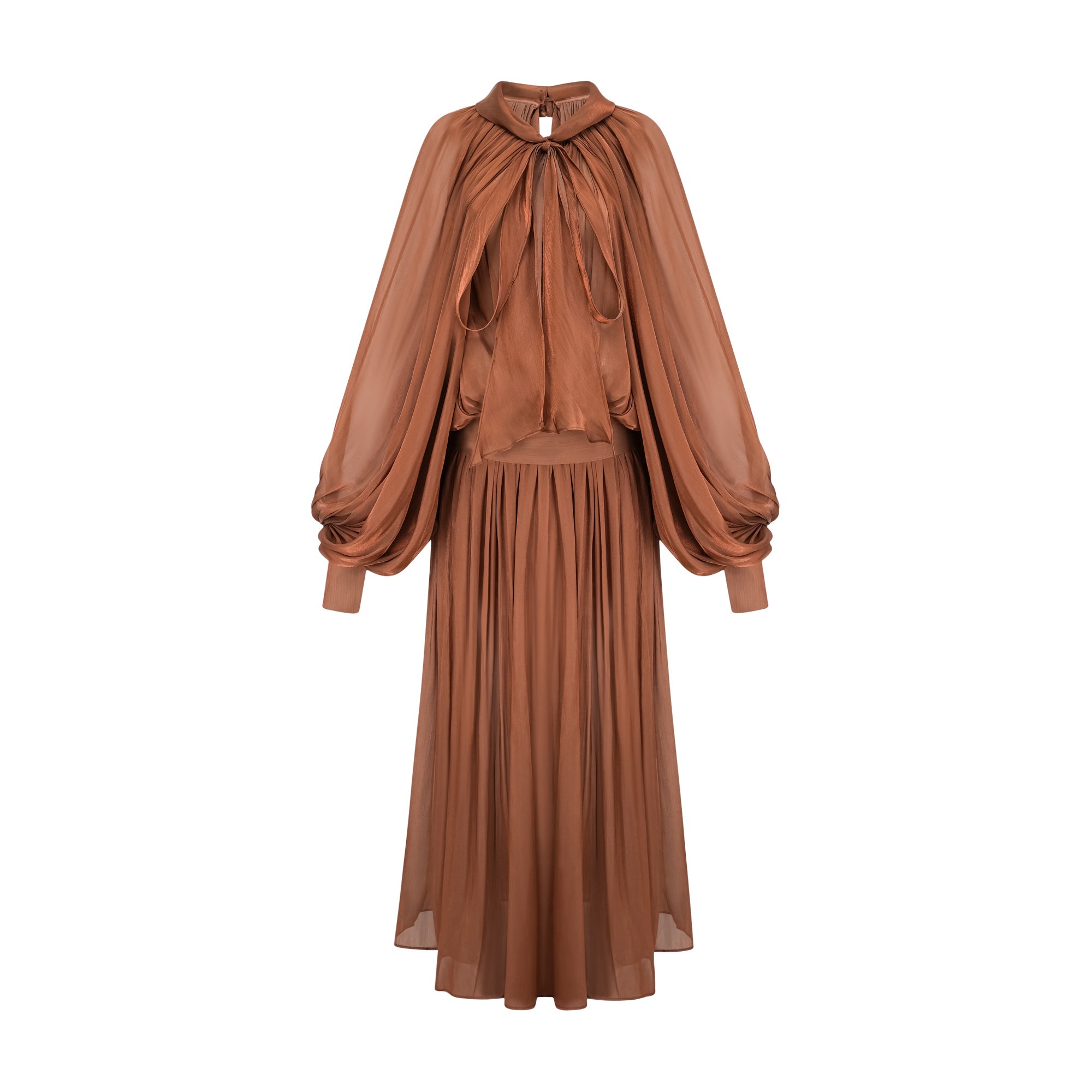 Mila pleated satin maxi dress in Brown