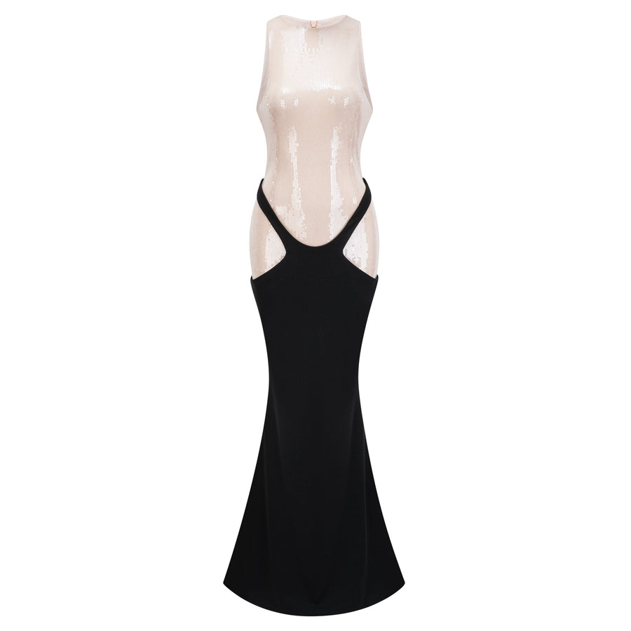 Uranie black panelled sequined corset maxi dress