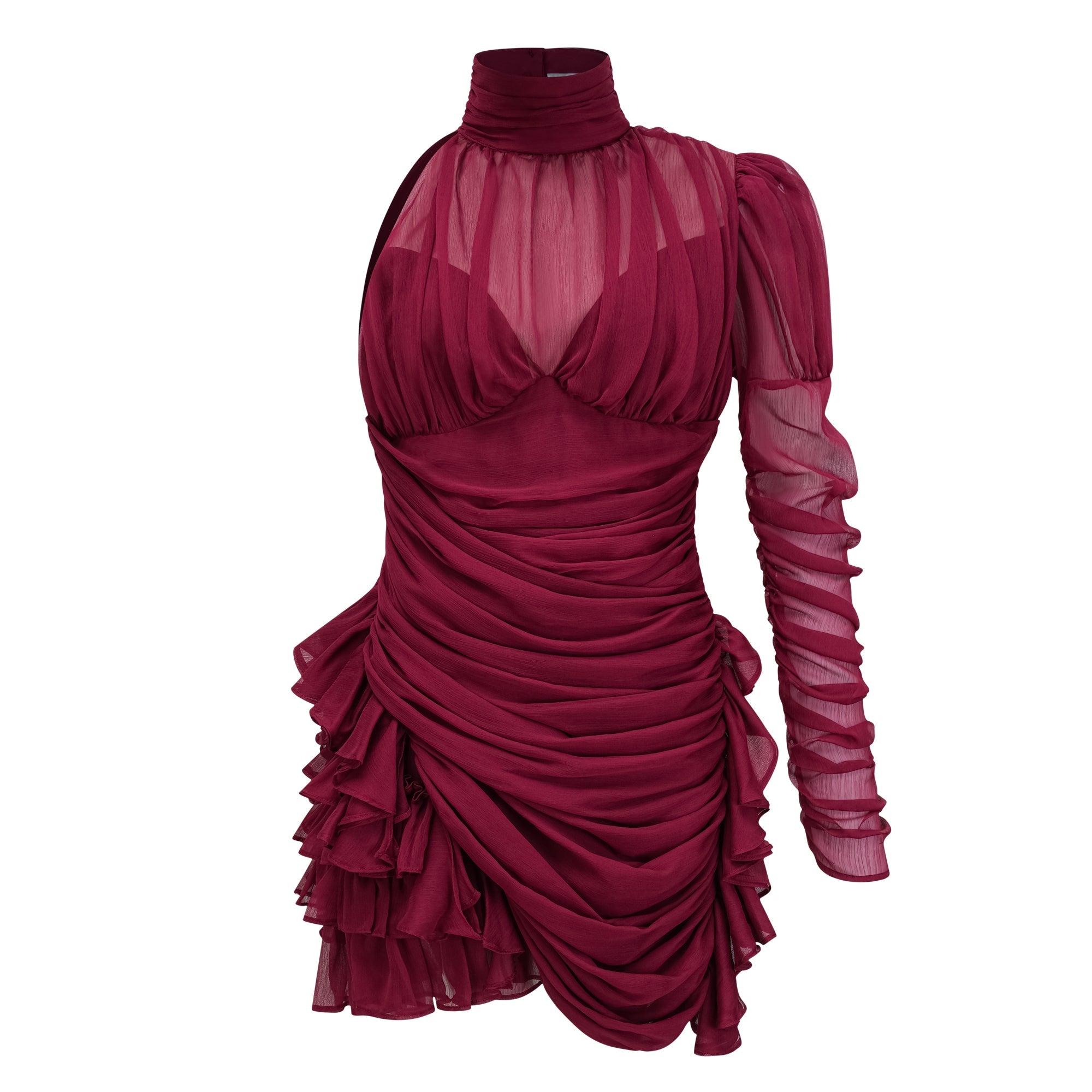Éléna Burgundy Asymmetrical Ruffled Tulle Mini Dress (Final Sale-US Only)