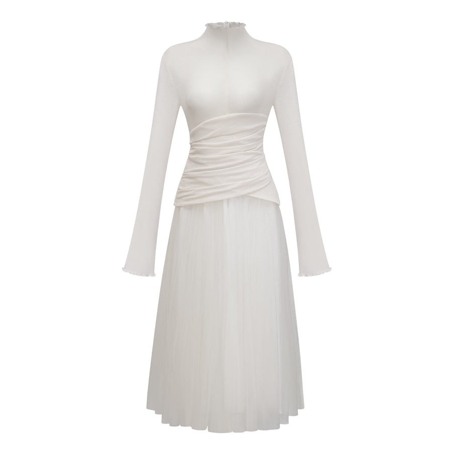 Lark White Tulle Panel Knit Midi Dress