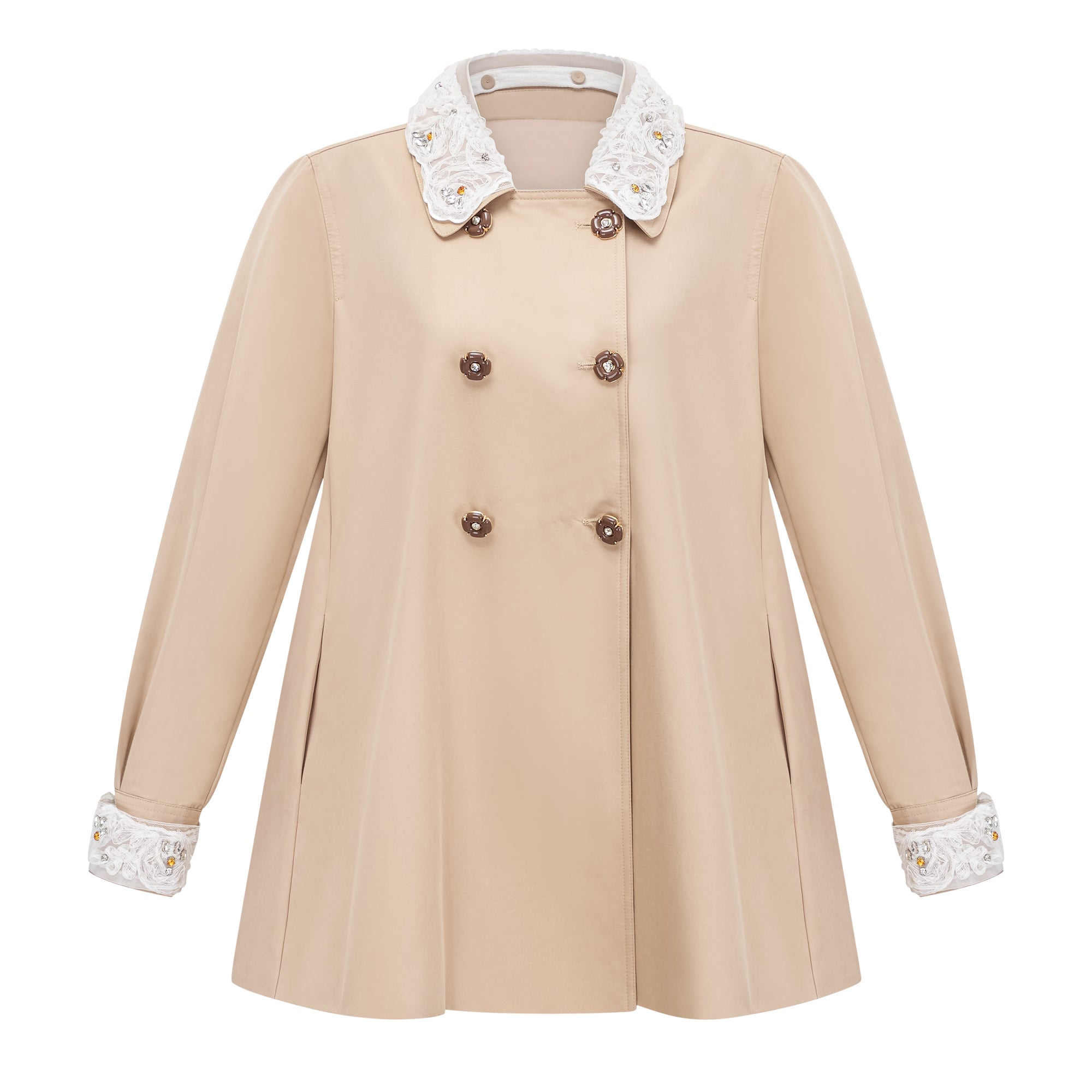 Marta Khaki Embellished Lace Trim Trench Coat