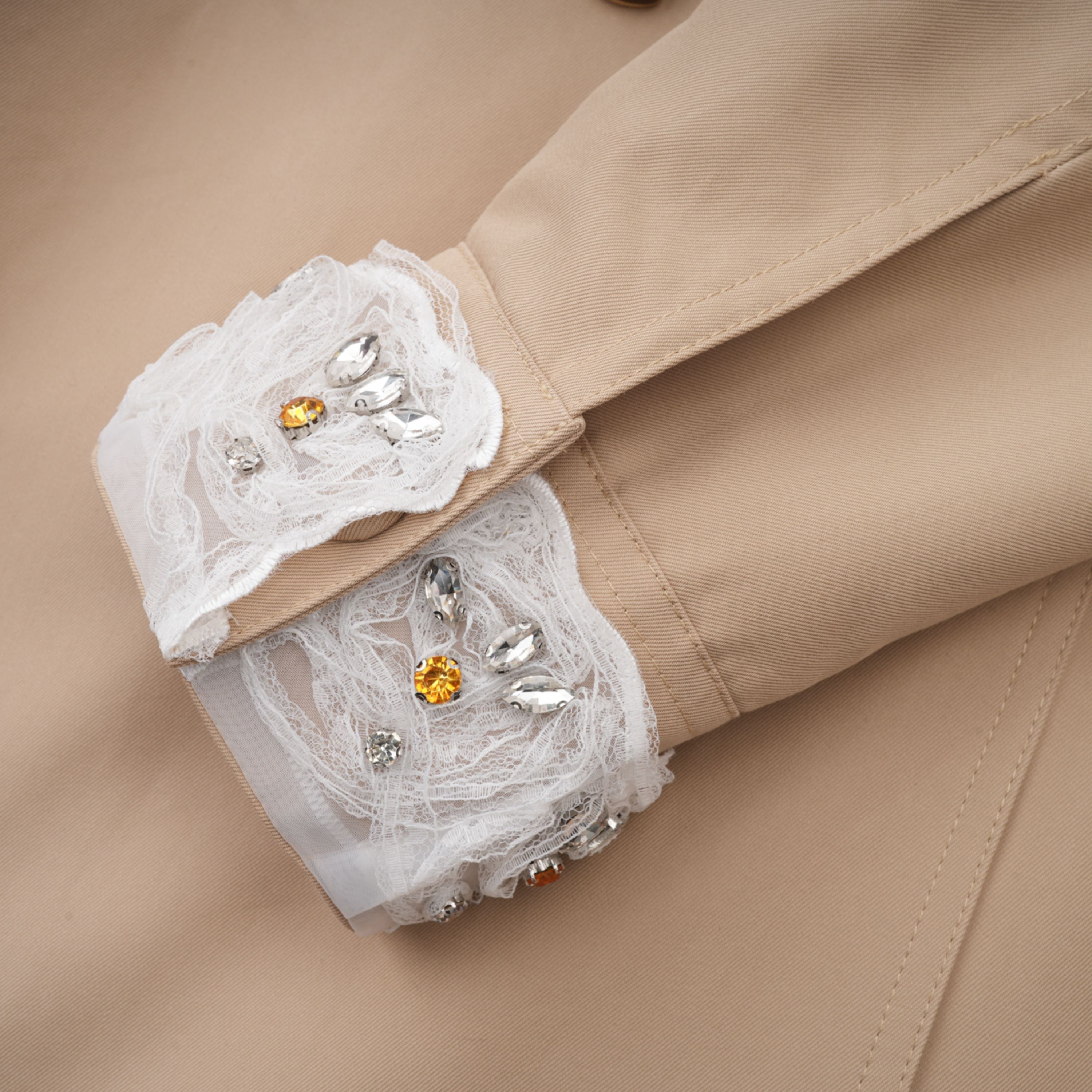 Marta Khaki Embellished Lace Trim Trench Coat (Final Sale-US Only)