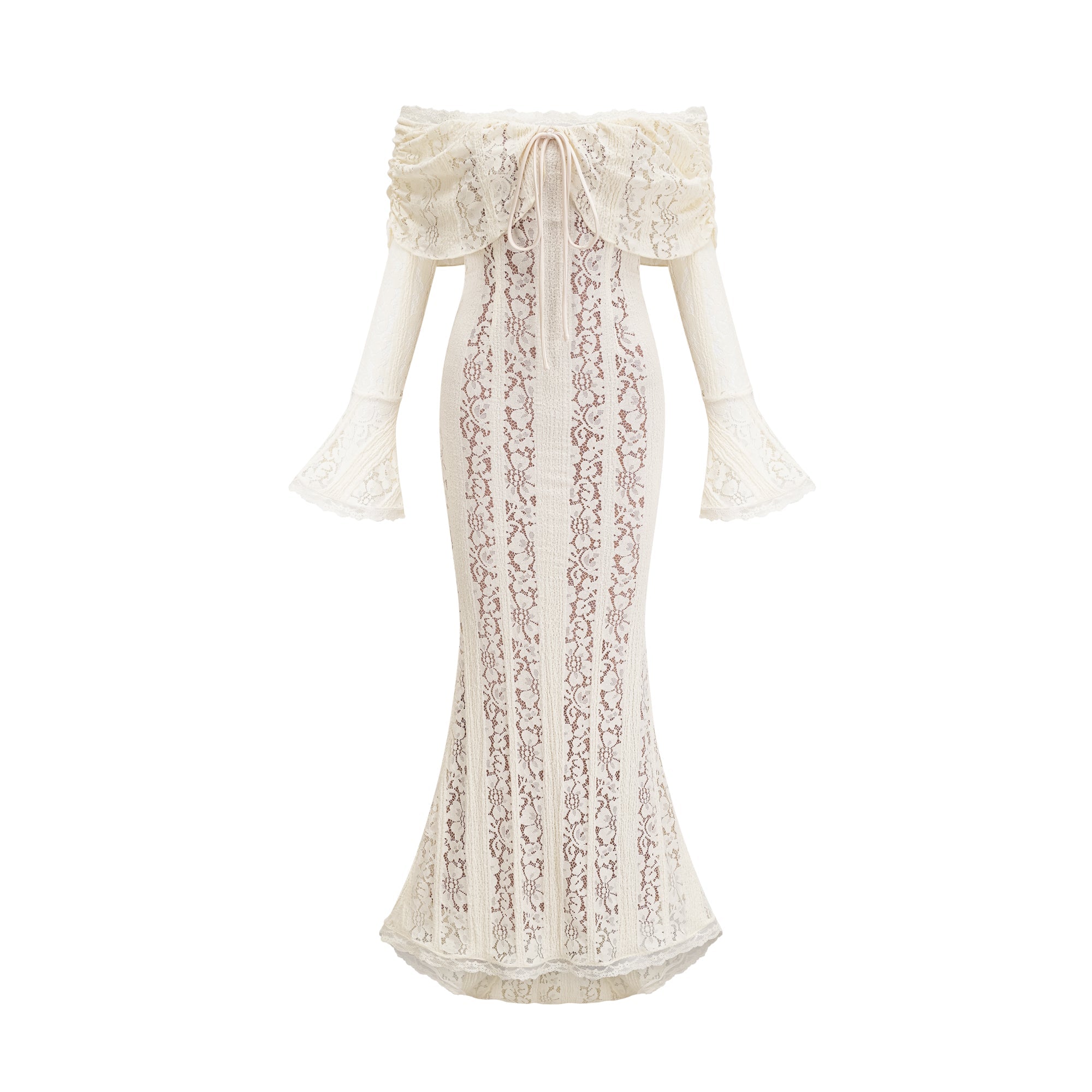 Émeline floral lace train-design maxi dress in Neutrals