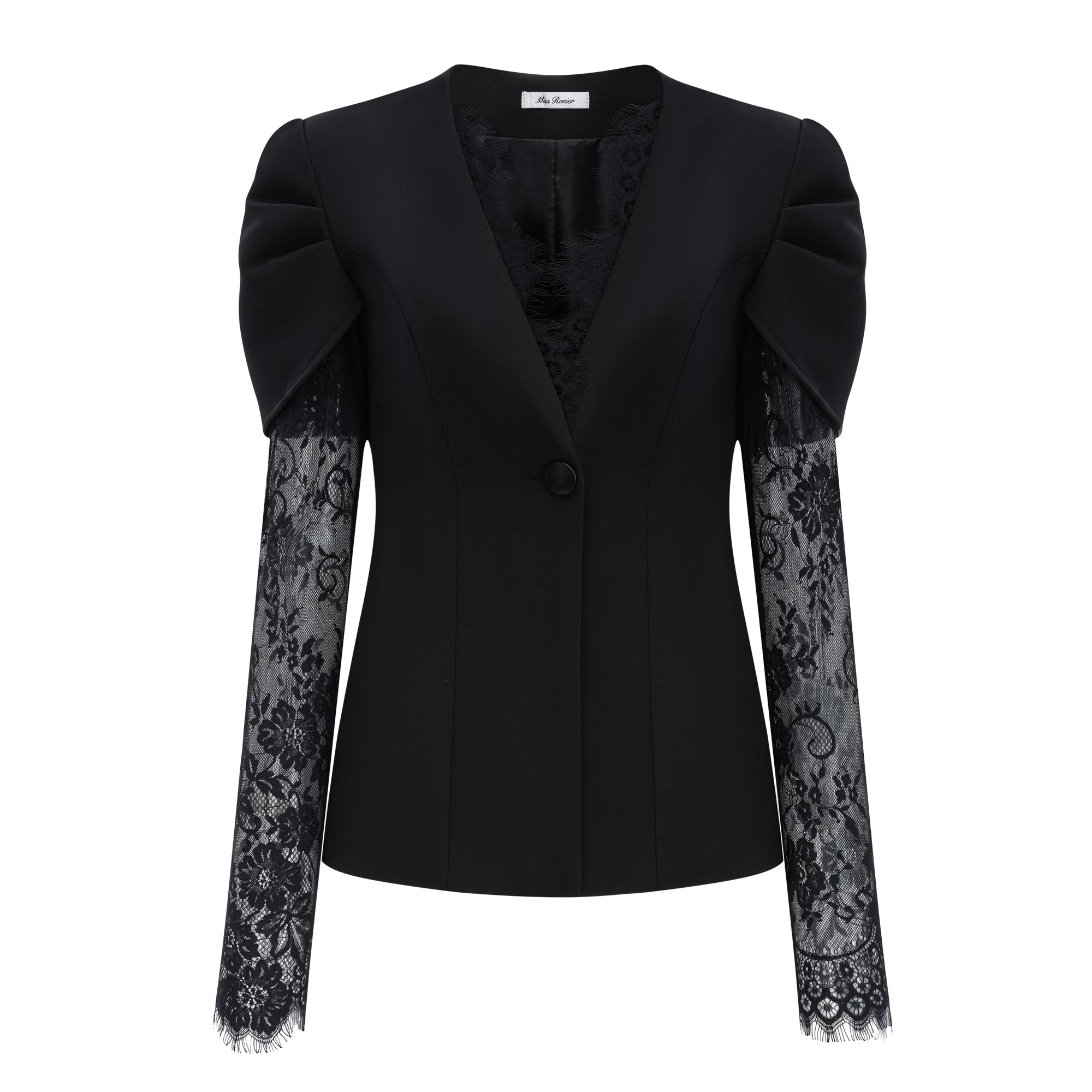 Saffron Black Collarless Blazer with Lace Trim