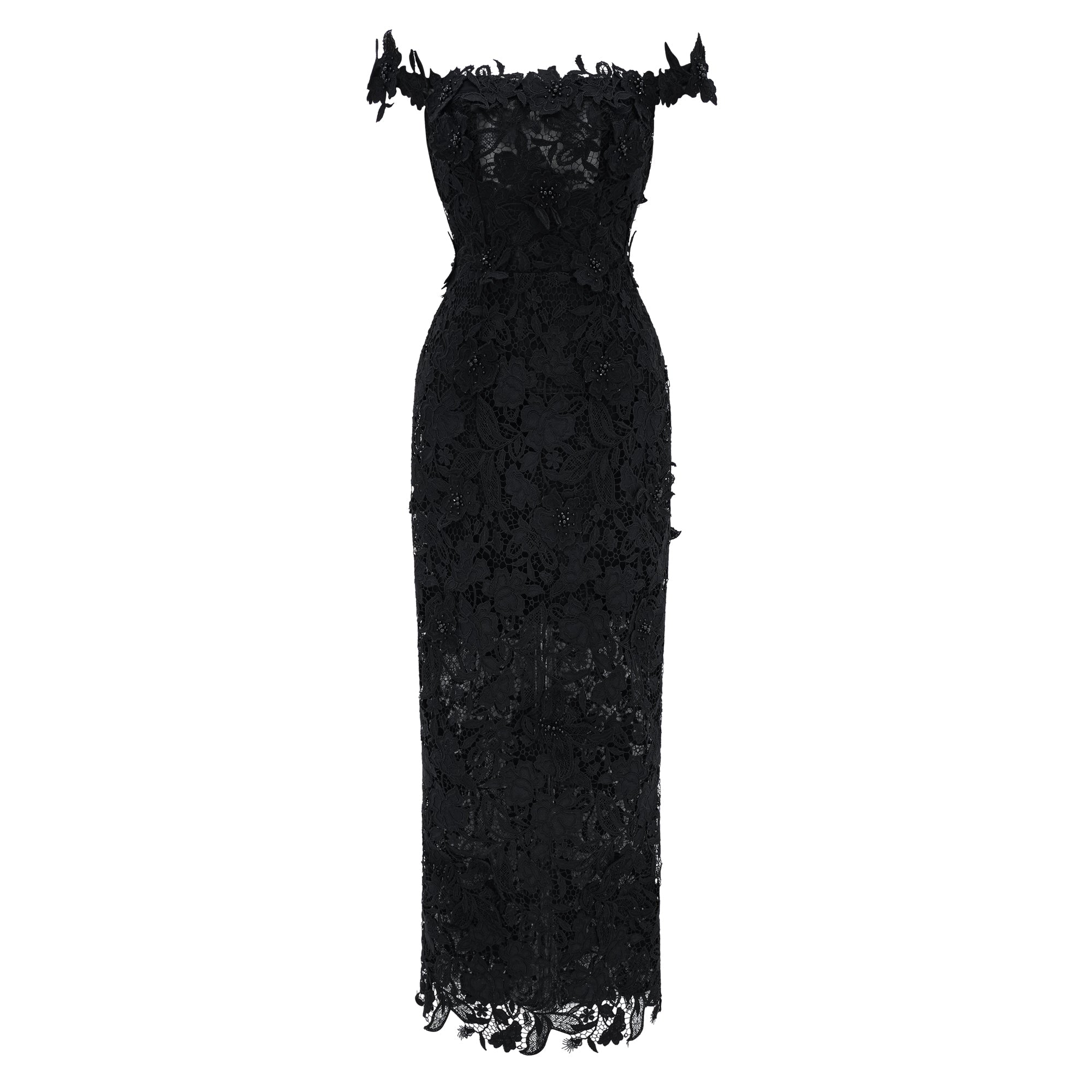 Hecate Black Beaded Lace Maxi Dress with 3D Florals (Final Sale-US Only)