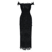 Hecate Black Beaded Lace Maxi Dress with 3D Florals