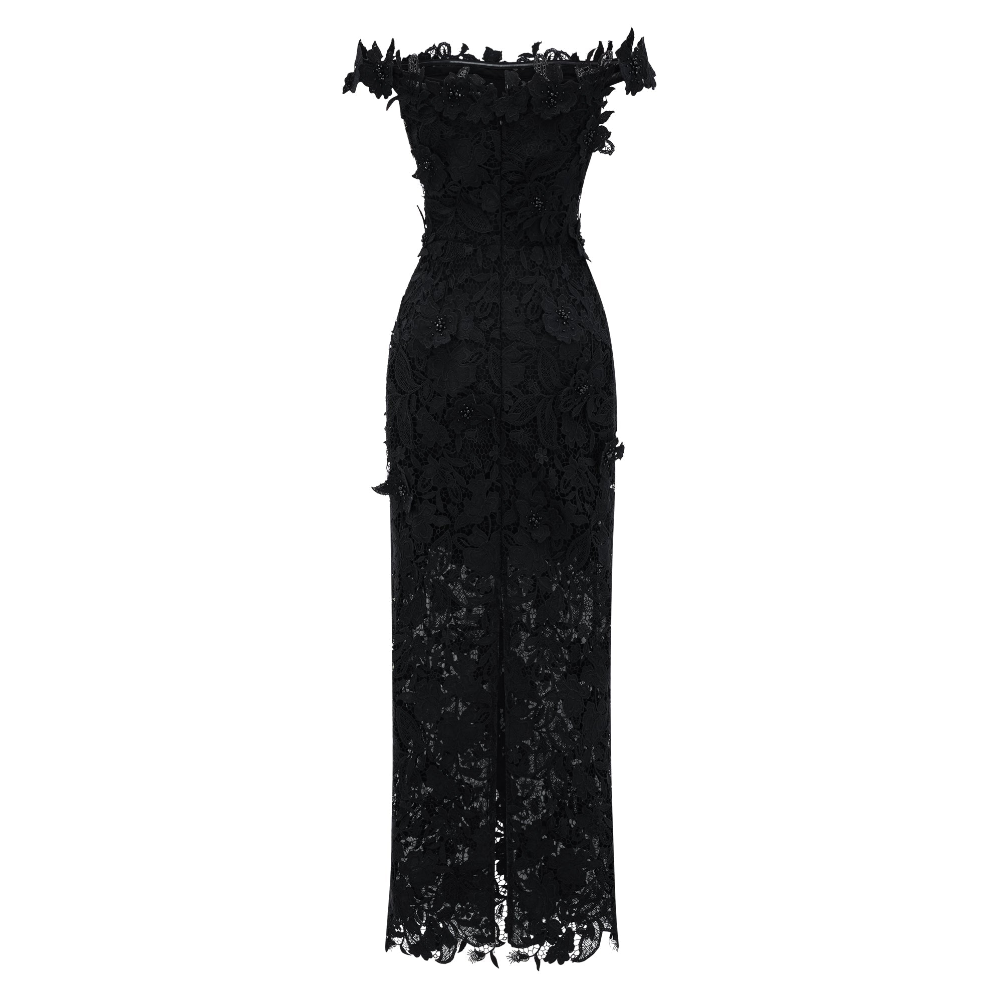 Hecate Black Beaded Lace Maxi Dress with 3D Florals
