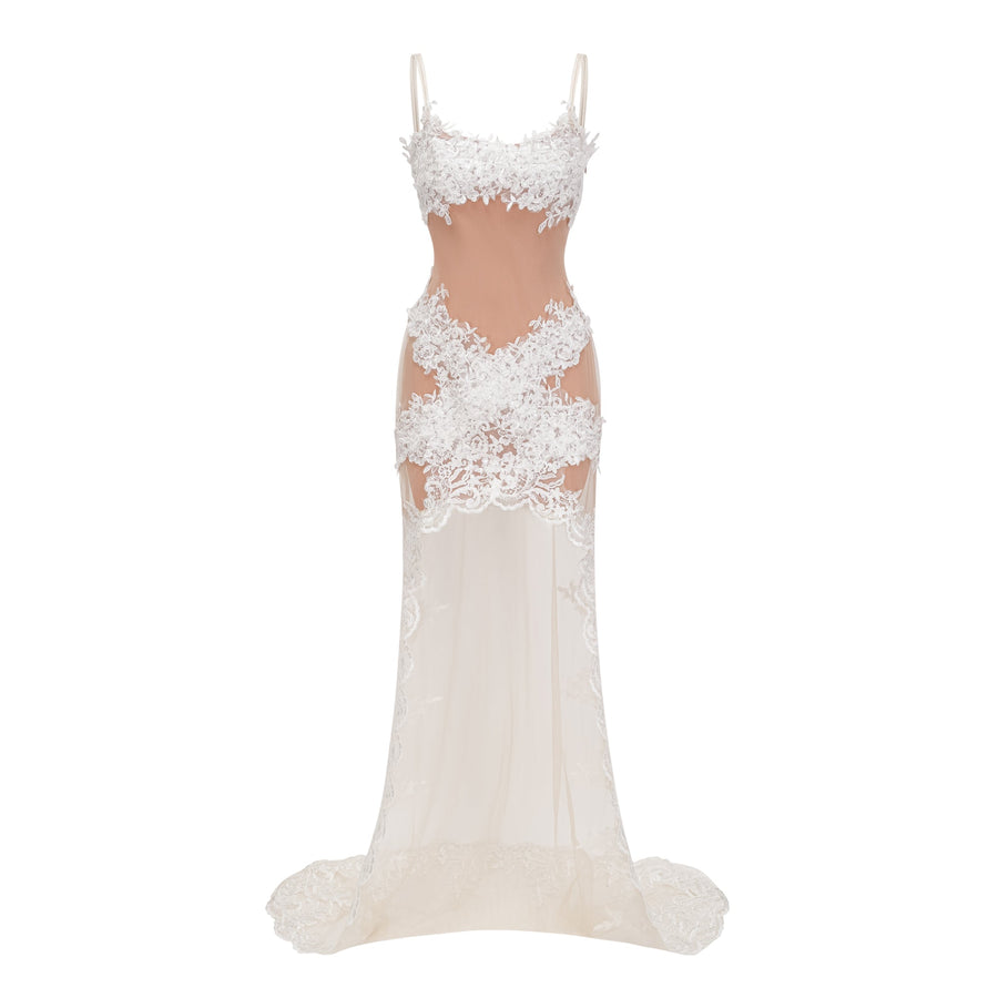 Mieke White Semi-Sheer Lace Maxi Dress