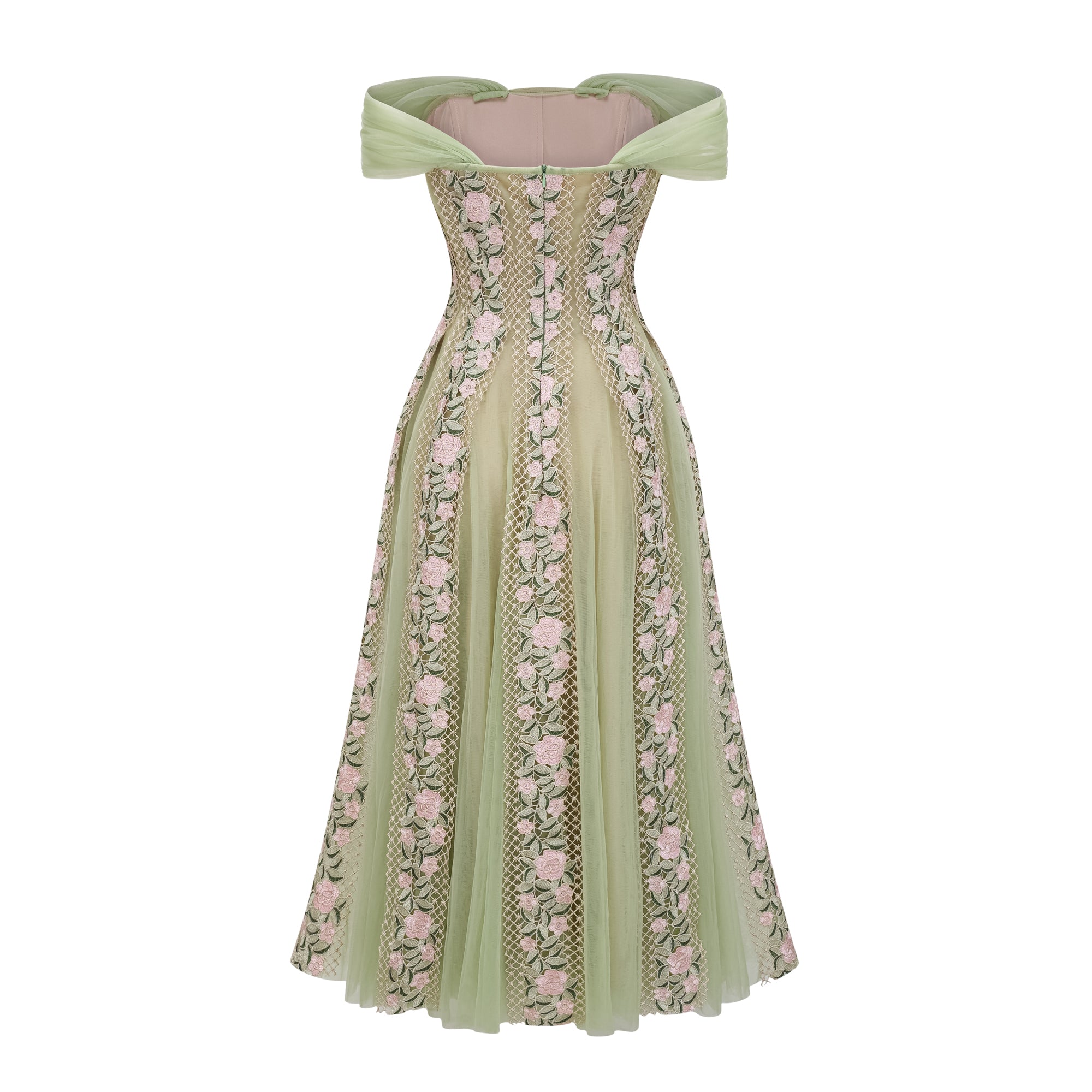 Eleni Green Tulle Panel Floral Midi Dress