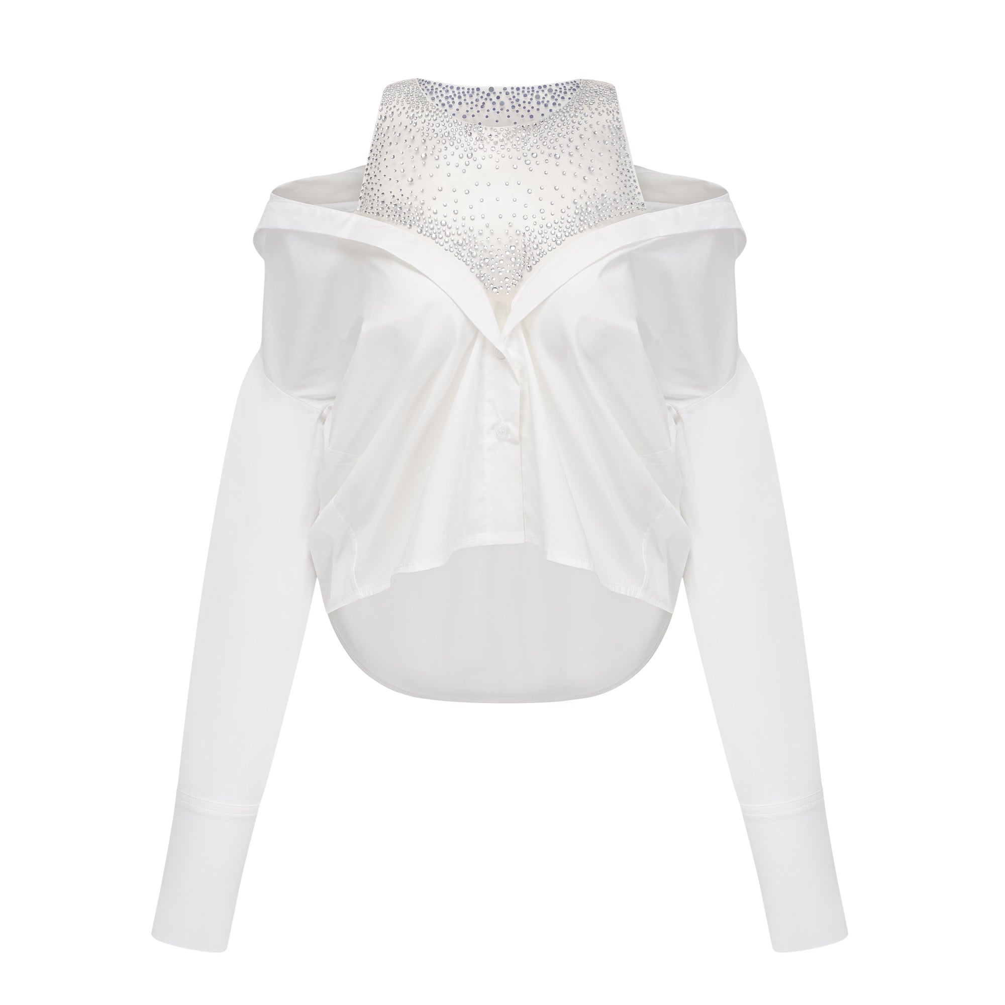 Fernande White Rhinestone Mesh Panel Shirt