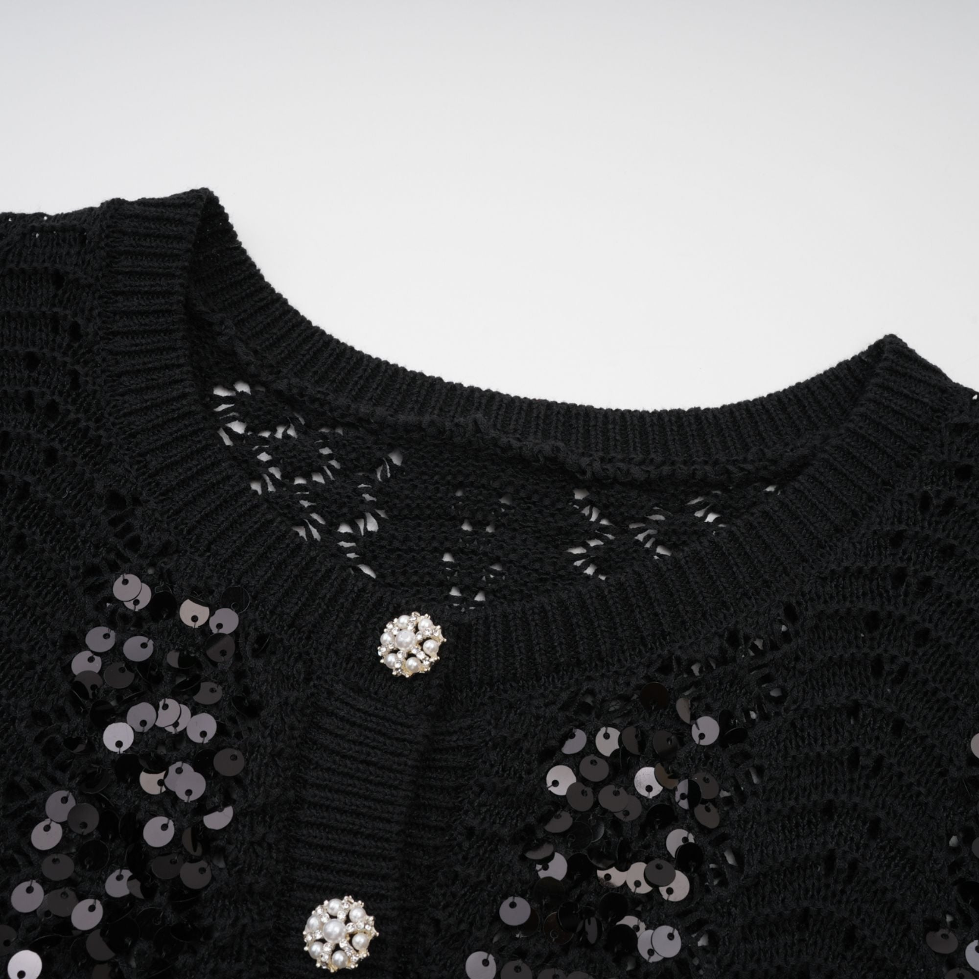 Ophelie black sequined crochet-knit cardigan & skirt matching set