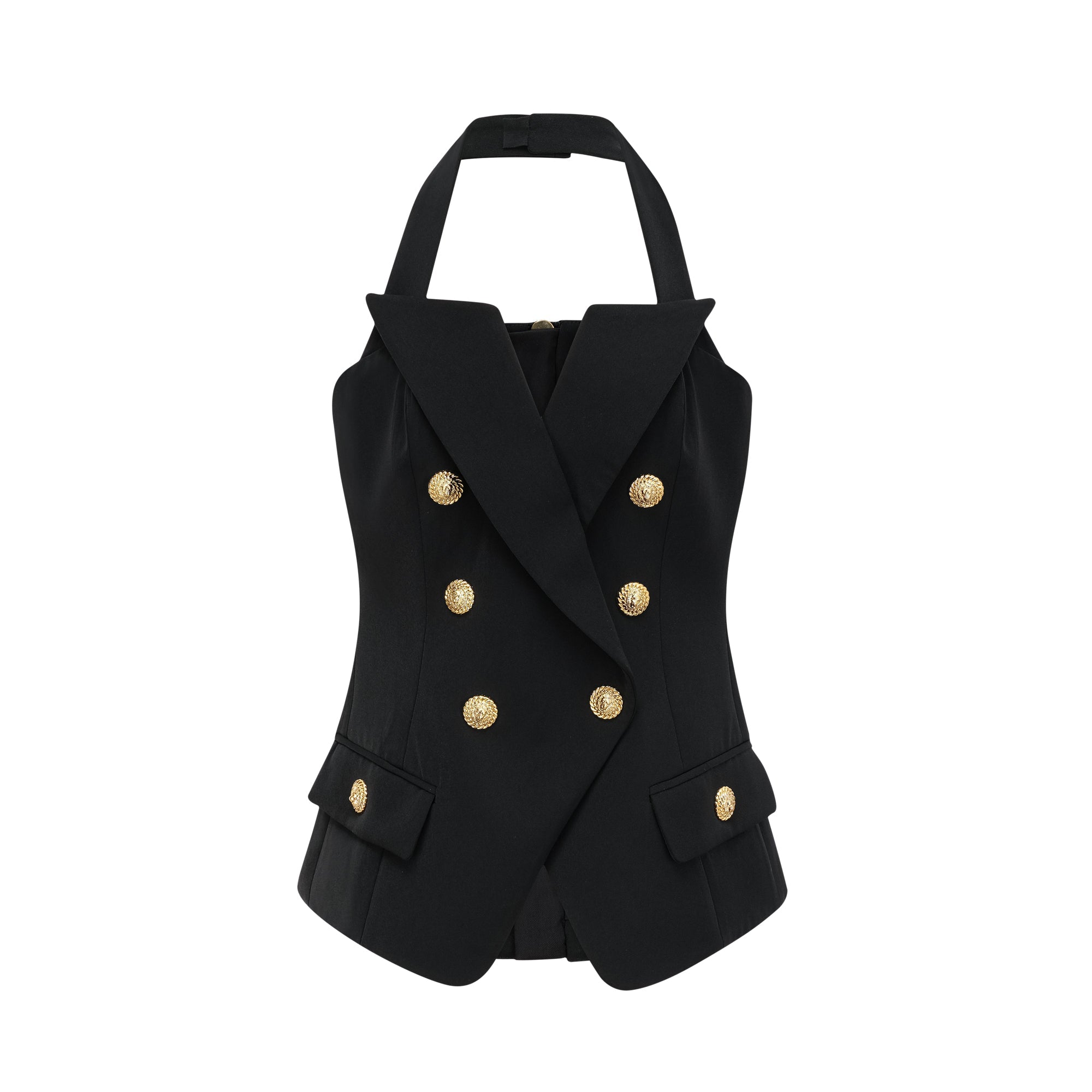 Harper Black Tailored Double-breasted Halterneck Top