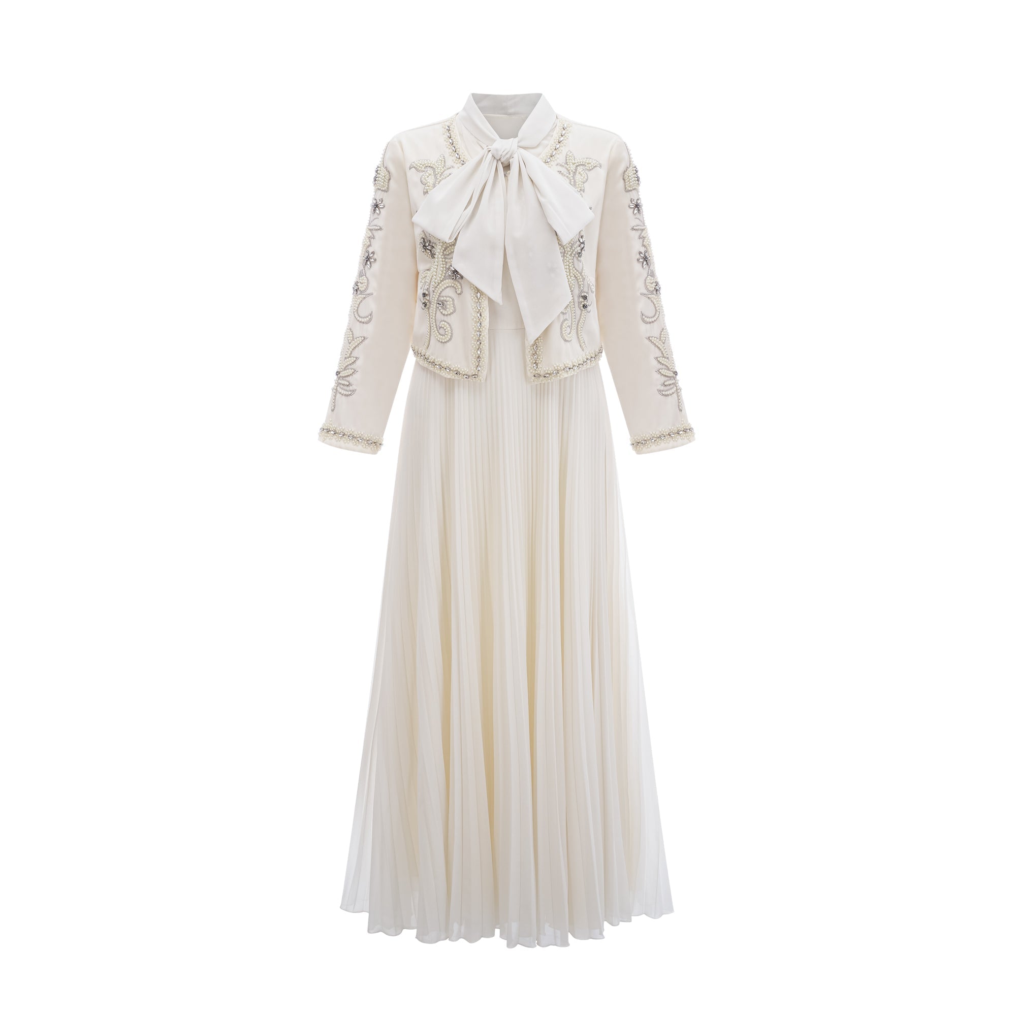 Blanche White Embellished Pleated Two-Piece Jacket and Dress Set (Final Sale-US Only)