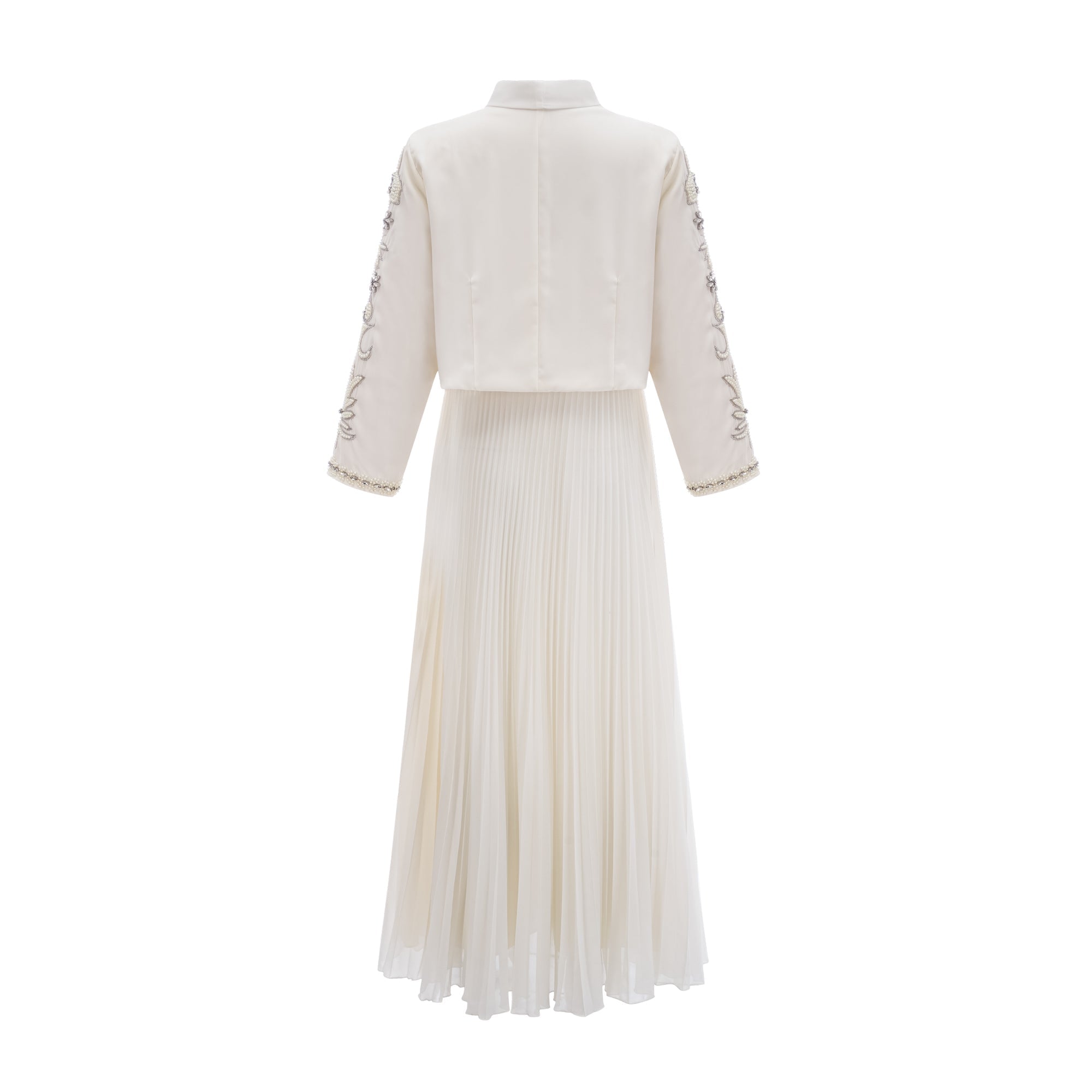 Blanche white embellished pleated jacket & dress matching set