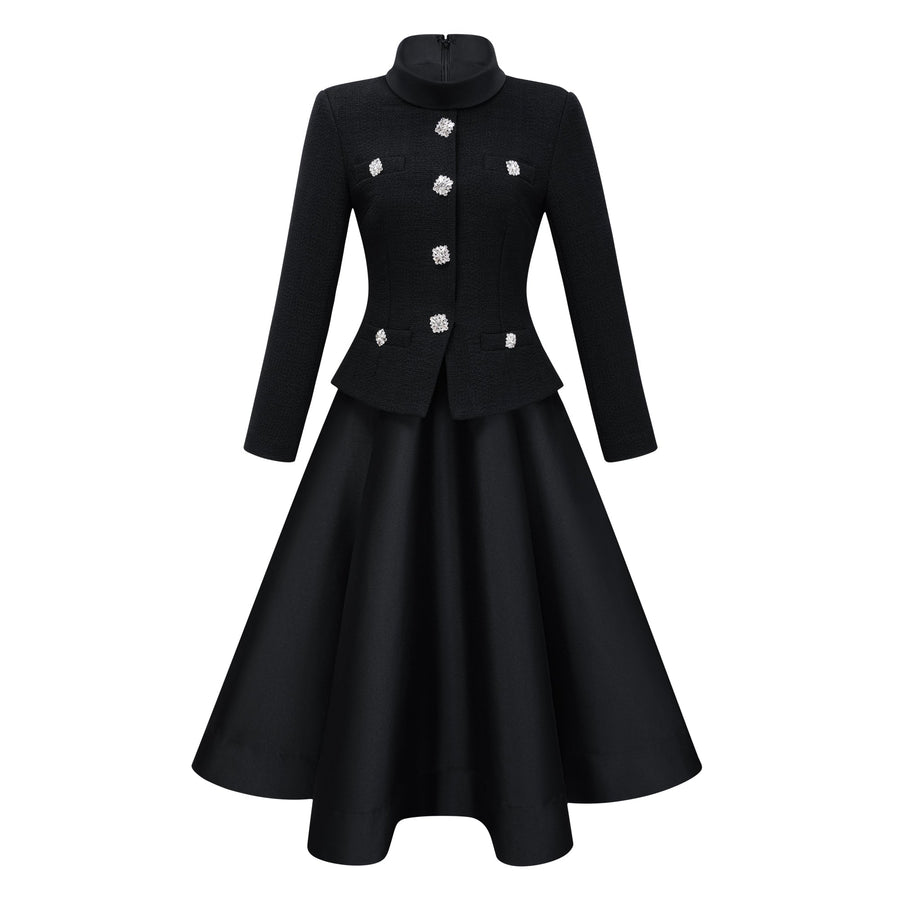 Lorelei Black High Neck Tweed Midi Dress (Final Sale)