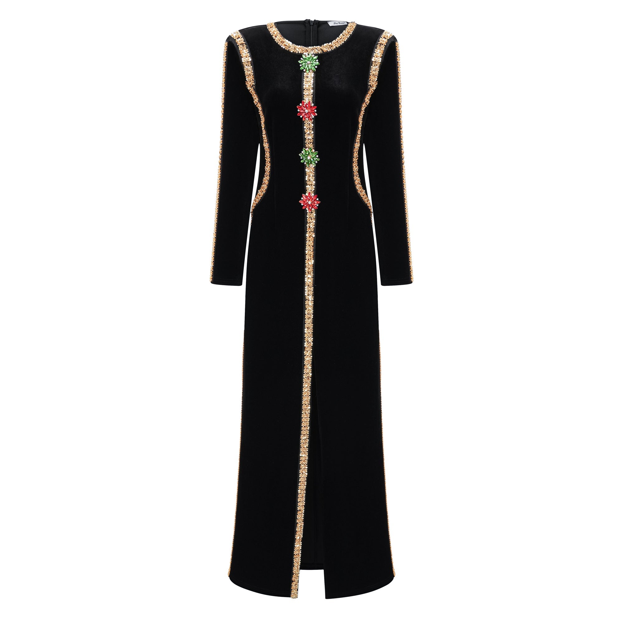 Anna Black Crystal Embellished Front Slit Maxi Dress