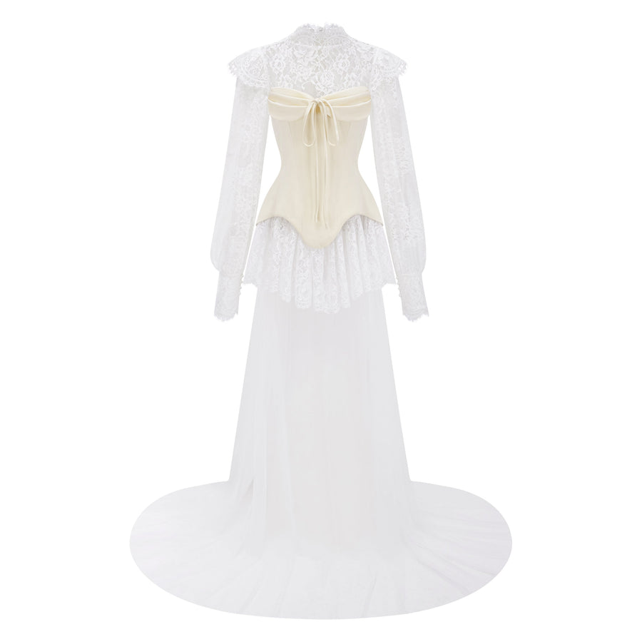 Michalina White Lace Convertible Gown with Long Sleeves