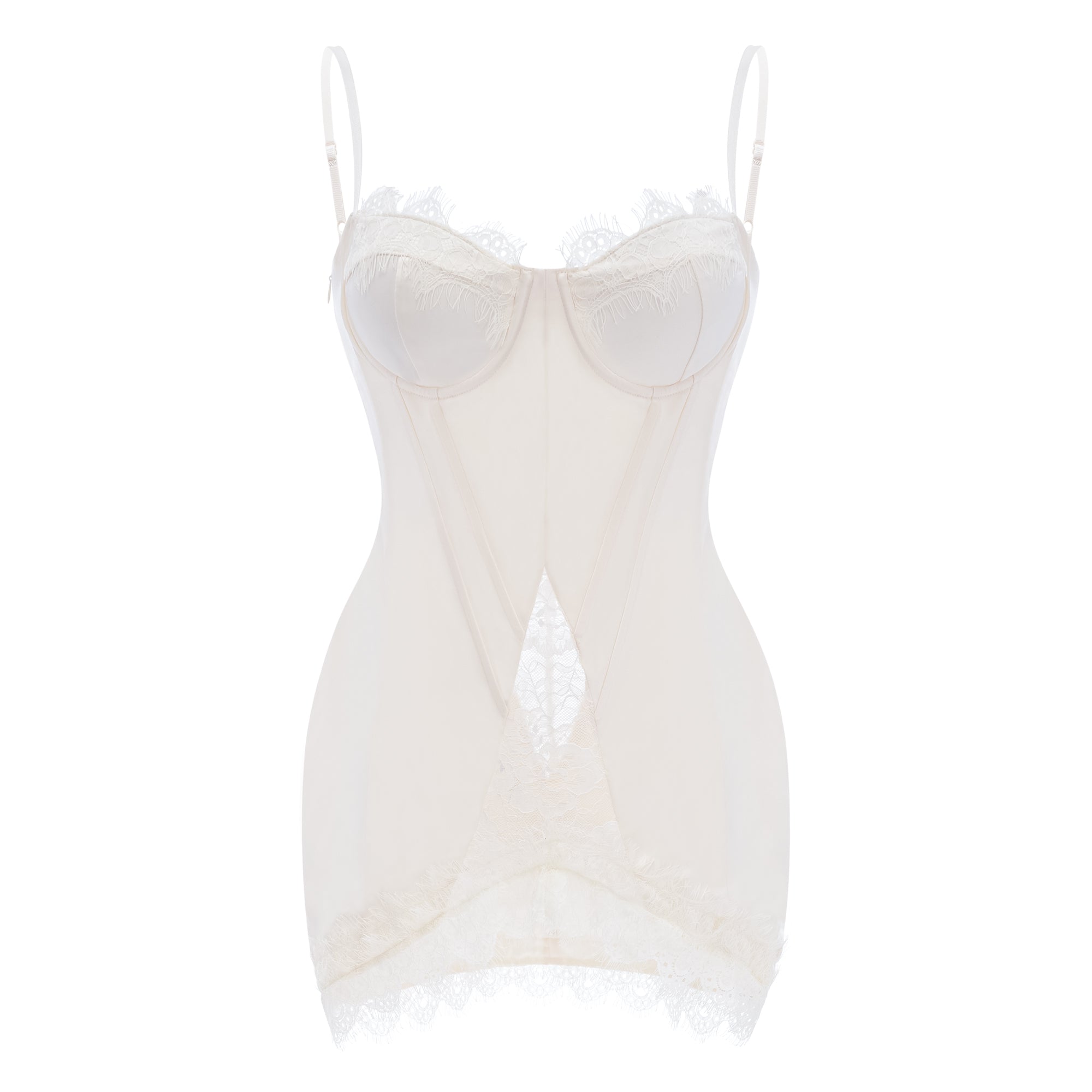Juliette White Satin Mini Dress with Lace Panels
