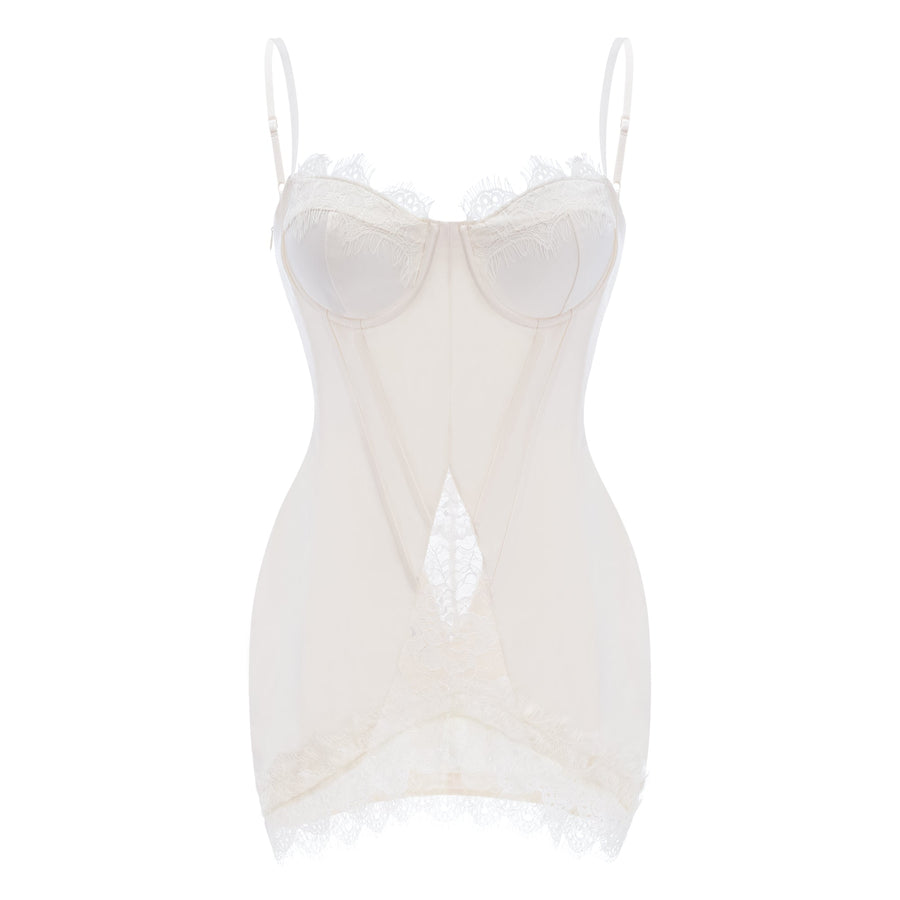 Juliette White Satin Mini Dress with Lace Panels