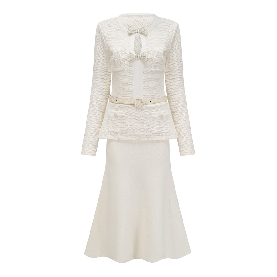 Adélade White Embellished Knit Midi Dress