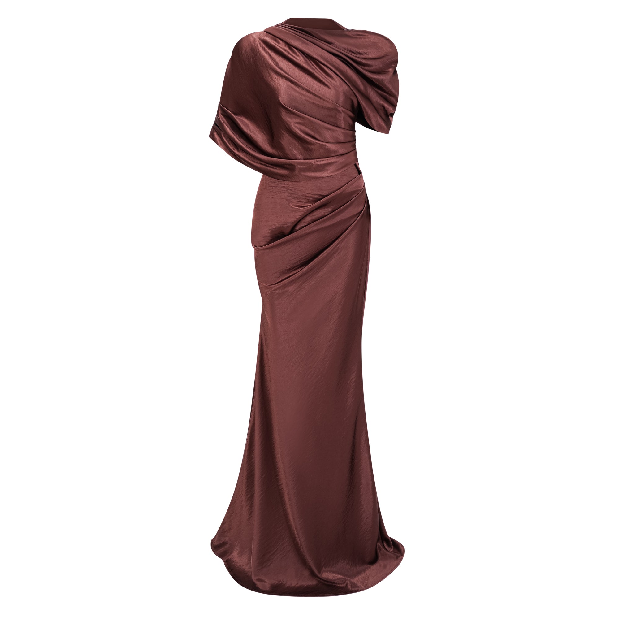 Luisa Brown Asymmetrical Gathered Satin Maxi Dress (Final Sale-US Only)
