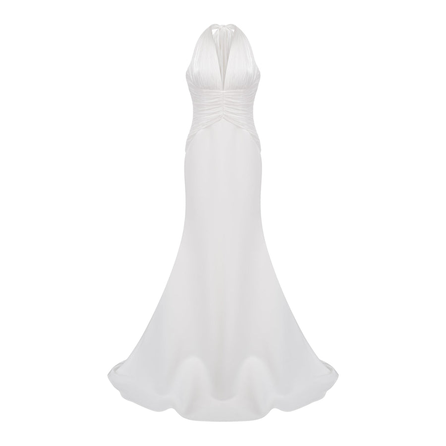 Emmeline White Train Design Gathered Maxi Dress