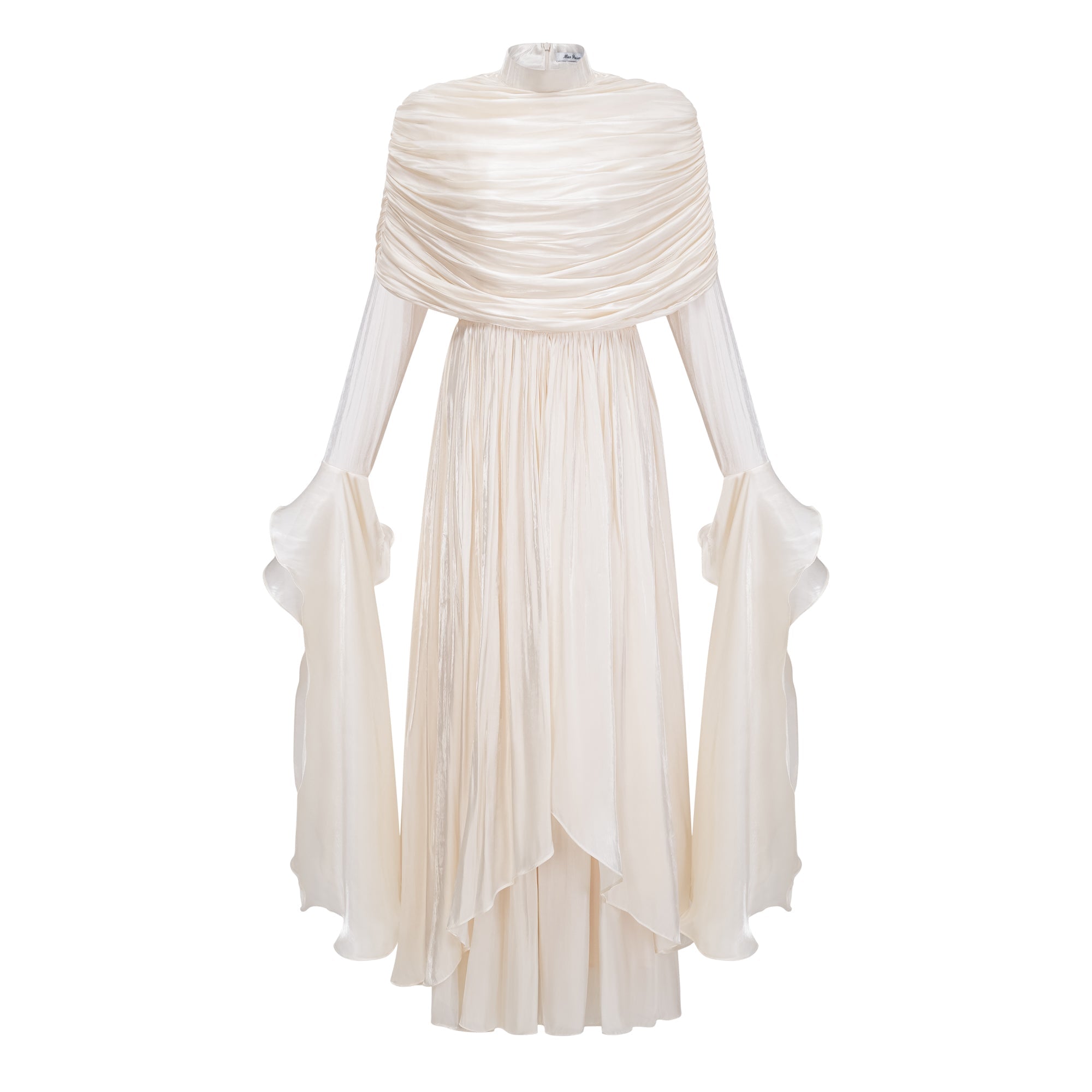 Gustave Neutral Ruched Cape Ruffled Maxi Dress (Final Sale-US Only)
