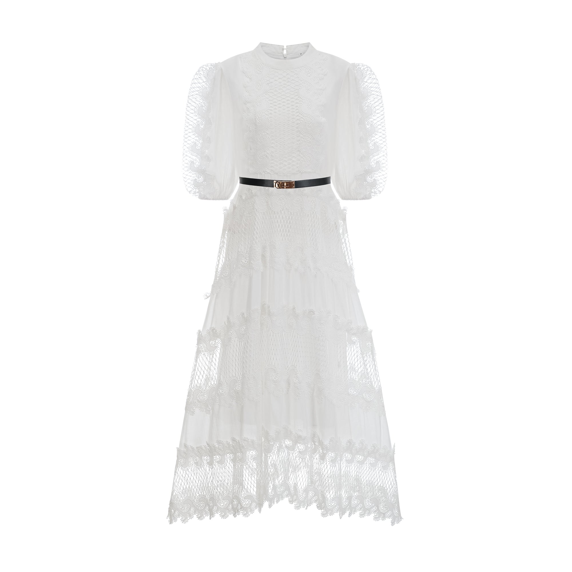 Tamara white belted lace-trim panelled midi dress
