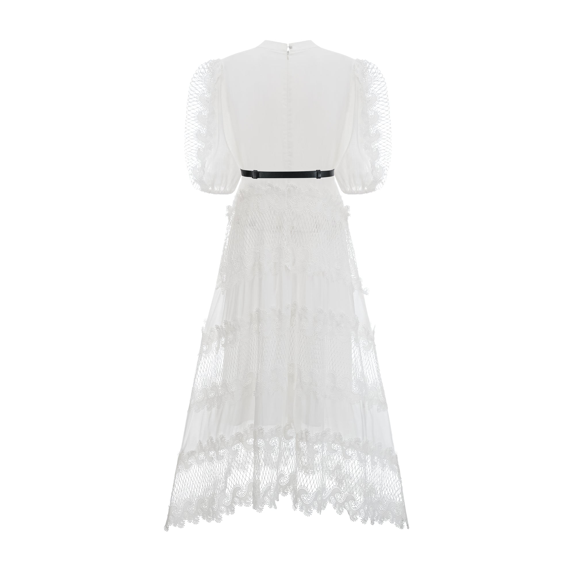 Tamara white belted lace-trim panelled midi dress