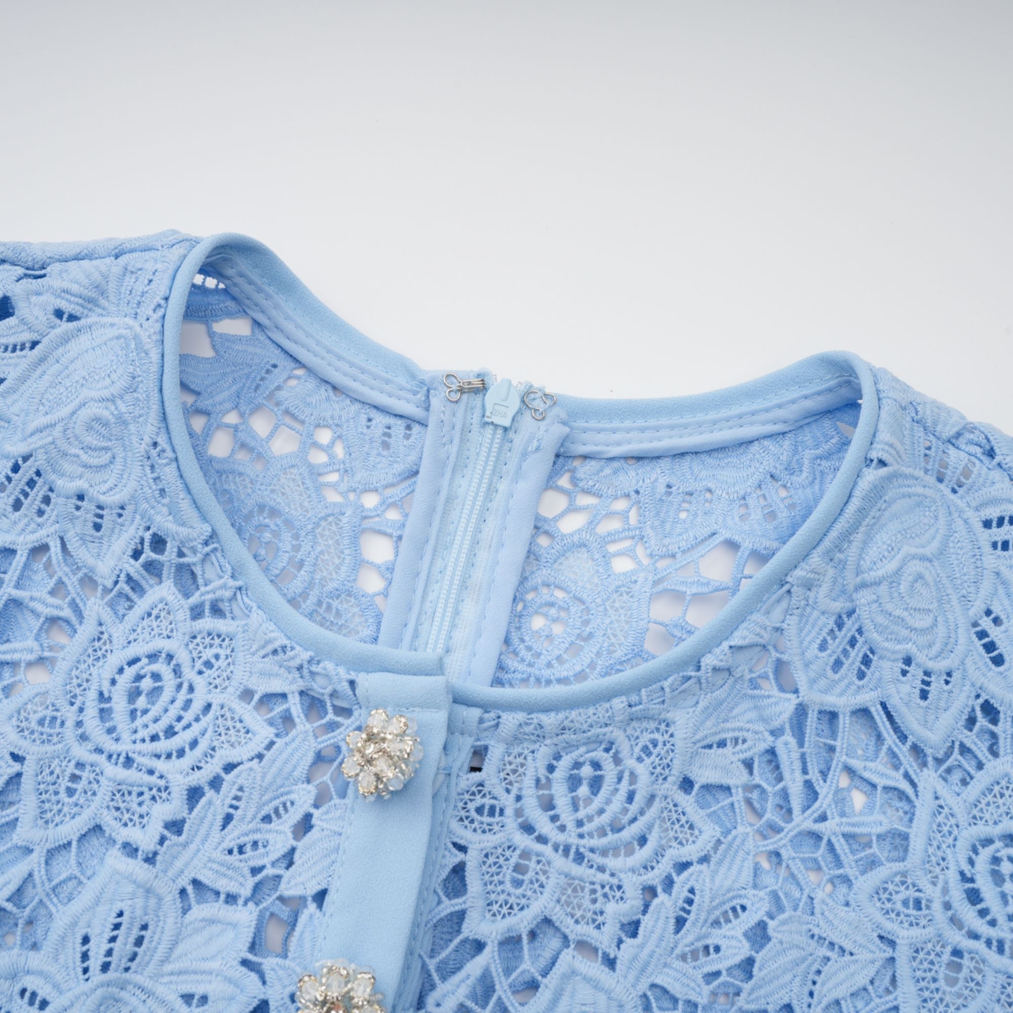Ariane blue floral-appliqué ruffled lace mini dress