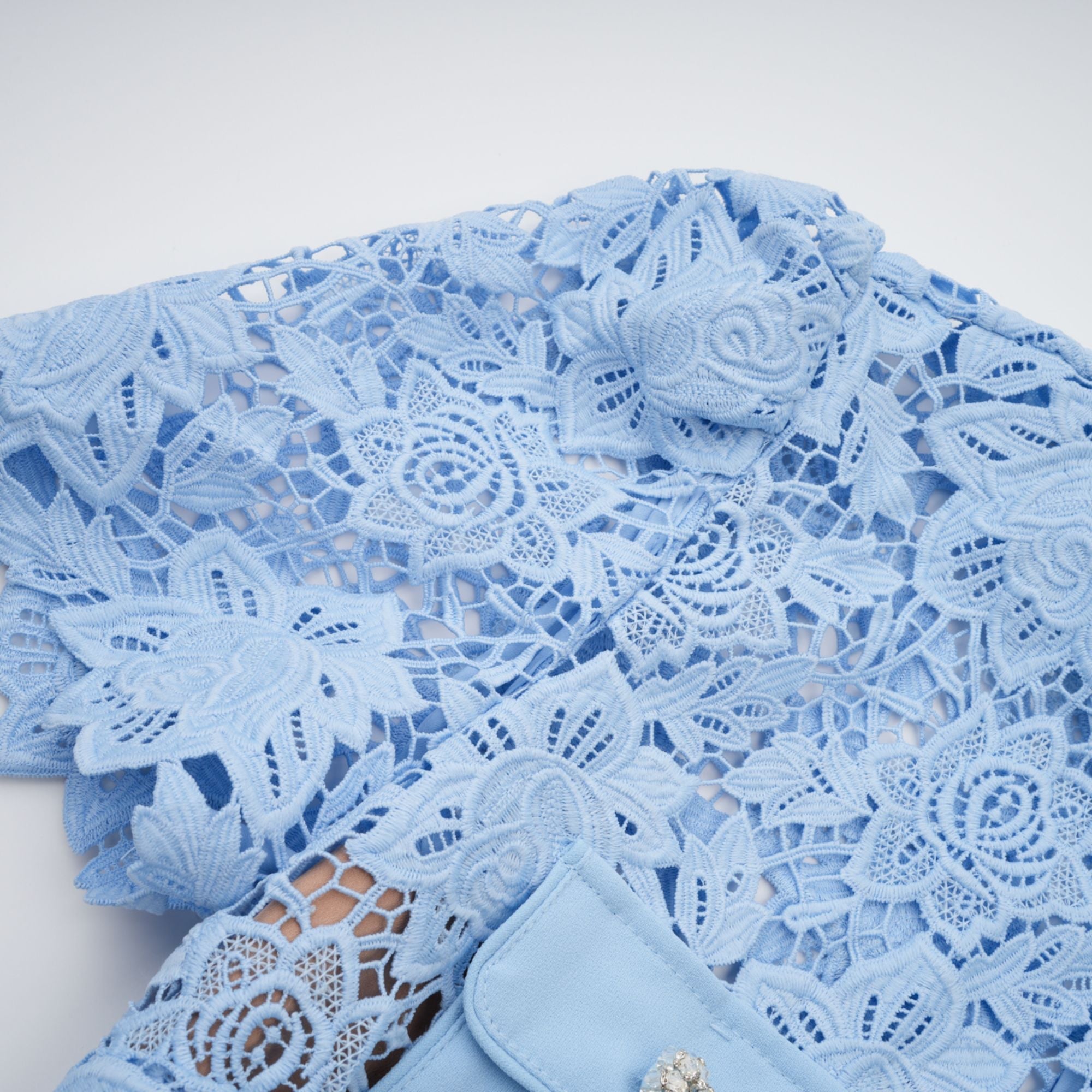 Ariane blue floral-appliqué ruffled lace mini dress