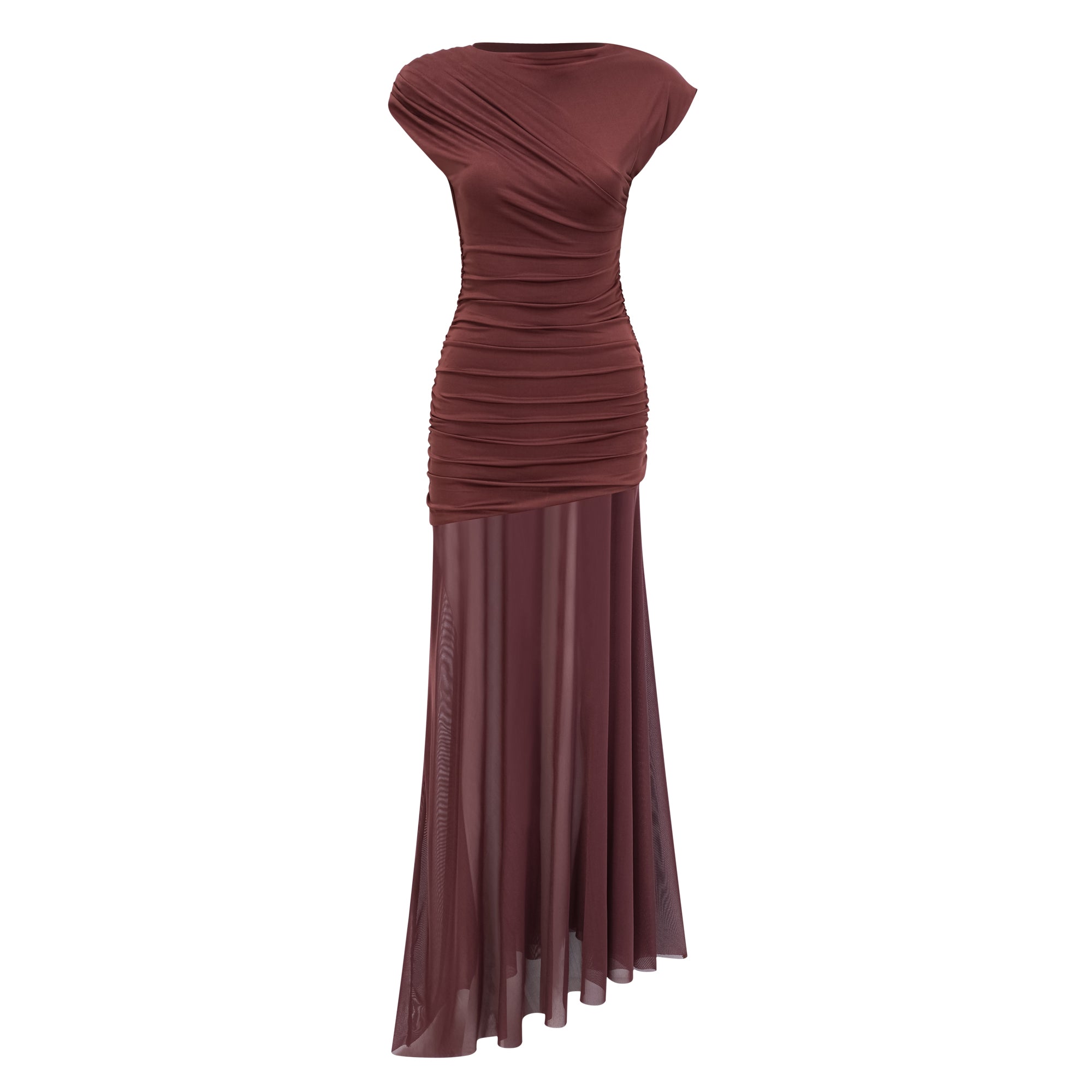 Seren Brown Ruched Tulle Panel Maxi Dress (Final Sale-US Only)