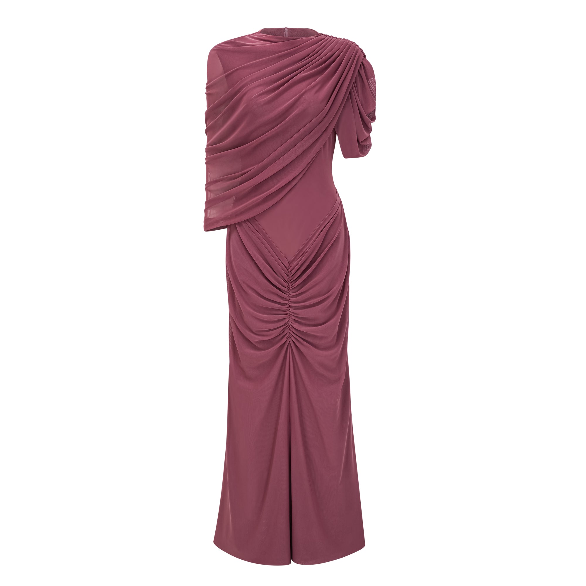 Liliana Brown Asymmetrical Ruched Cape Maxi Dress