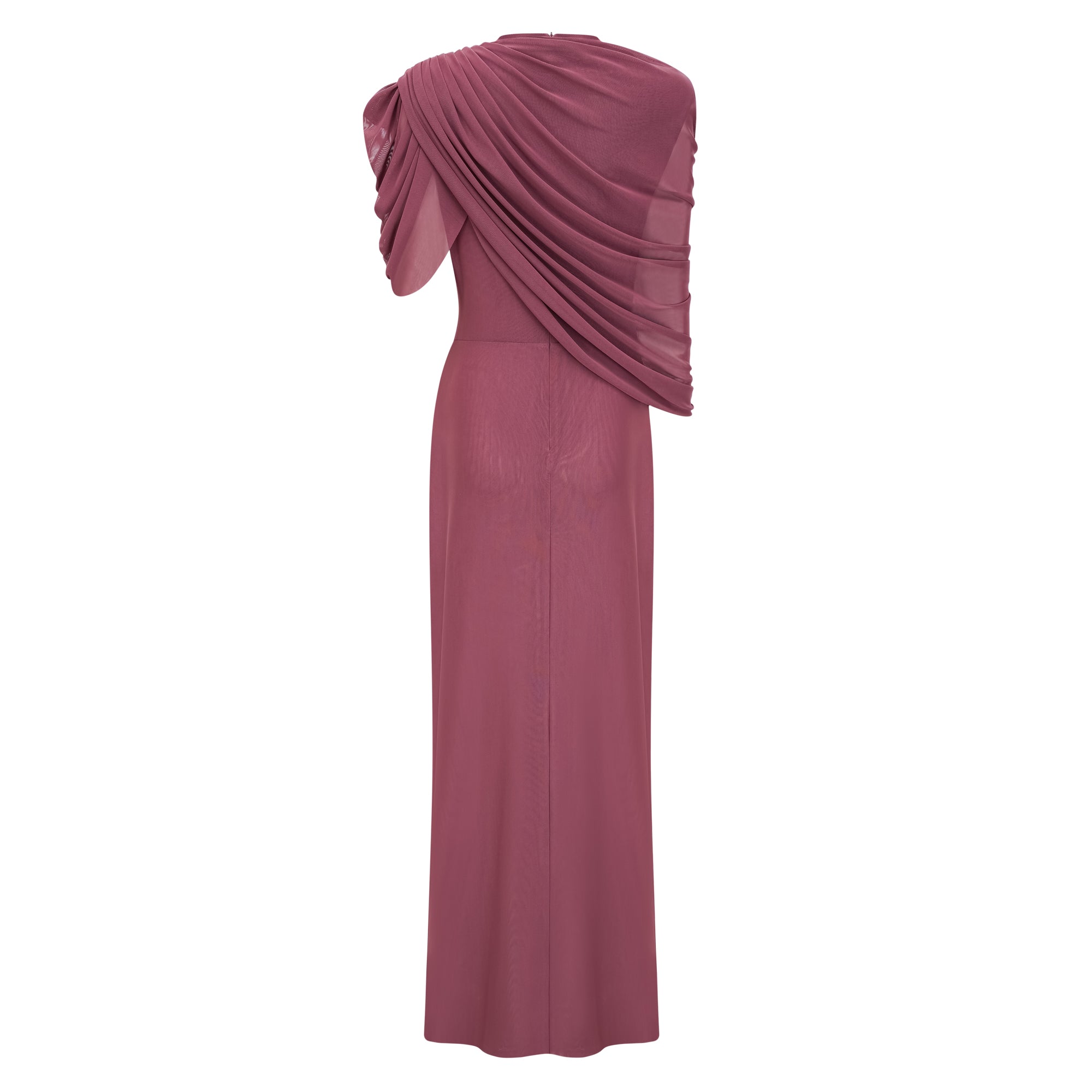 Liliana Brown Asymmetrical Ruched Cape Maxi Dress