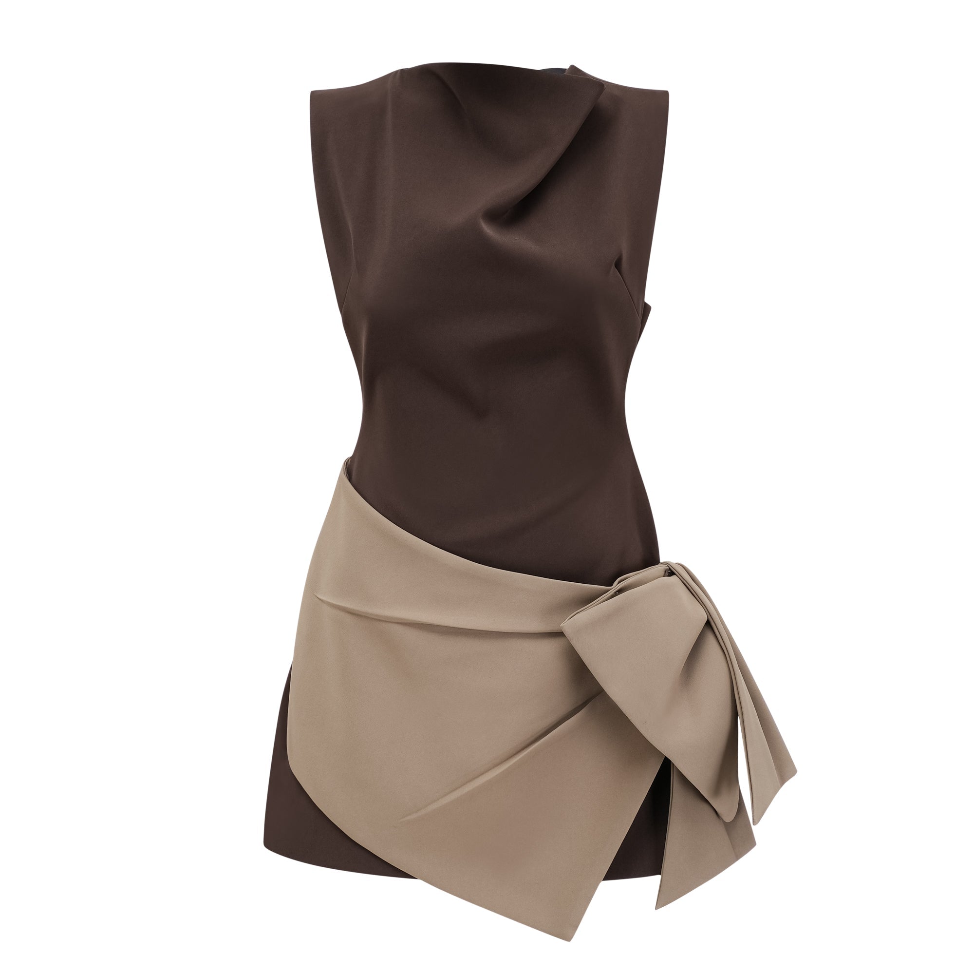 Célie Brown Contrast Color Bowknot Mini Dress
