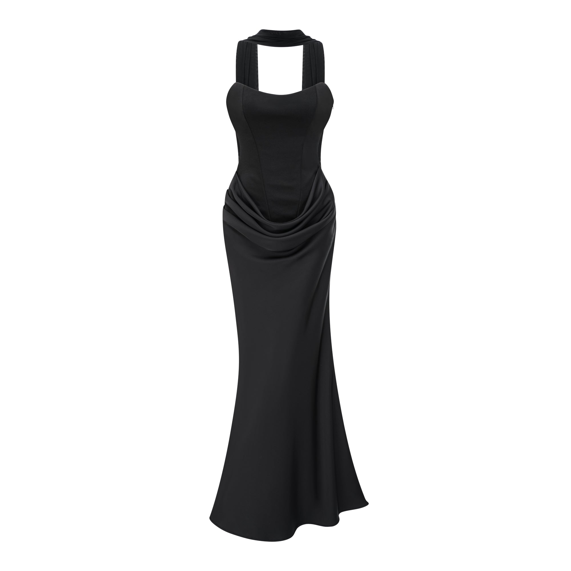 Berit Black Scarf Off Shoulder Ruched Maxi Dress (Final Sale-US Only)
