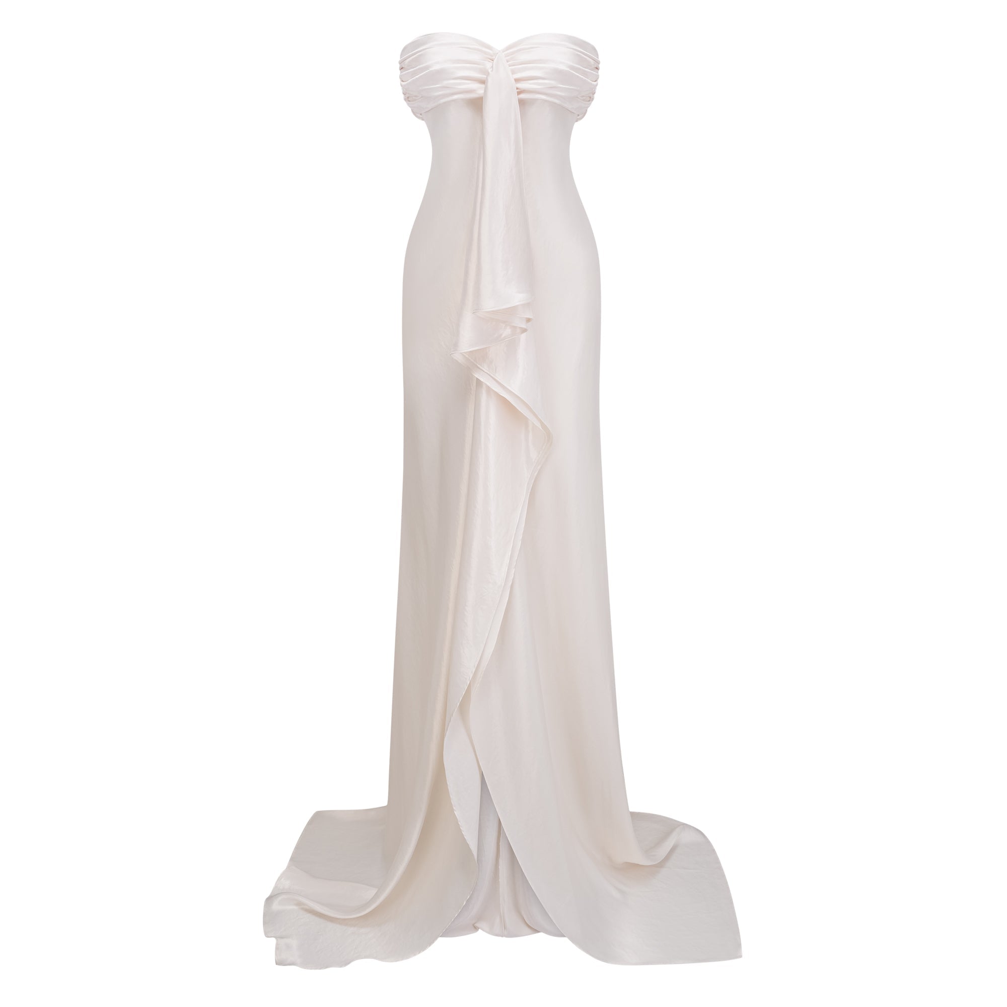 Lilla Beige Strapless Ruffled Satin Maxi Dress  (Final Sale-US Only)