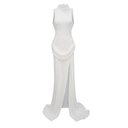 Mystérieuse White Turtleneck Draped Maxi Dress