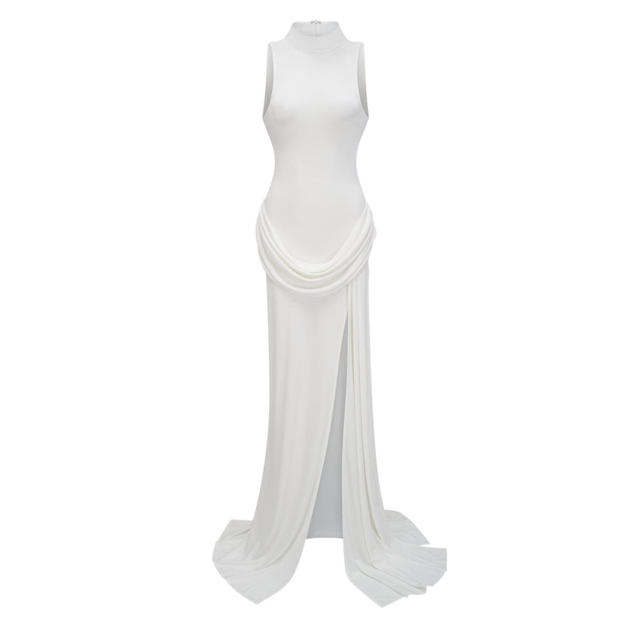 Mystérieuse White Turtleneck Draped Maxi Dress