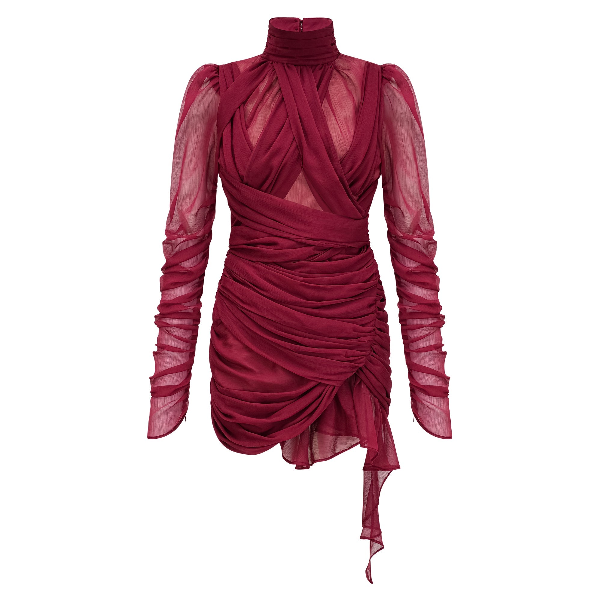 Théa Burgundy Asymmetrical Ruched Mini Dress (Final Sale-US Only)