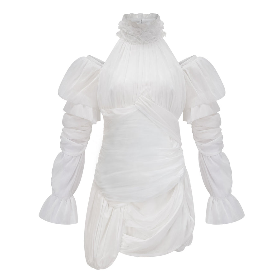 Déotille White Asymmetrical Ruched Mini Dress