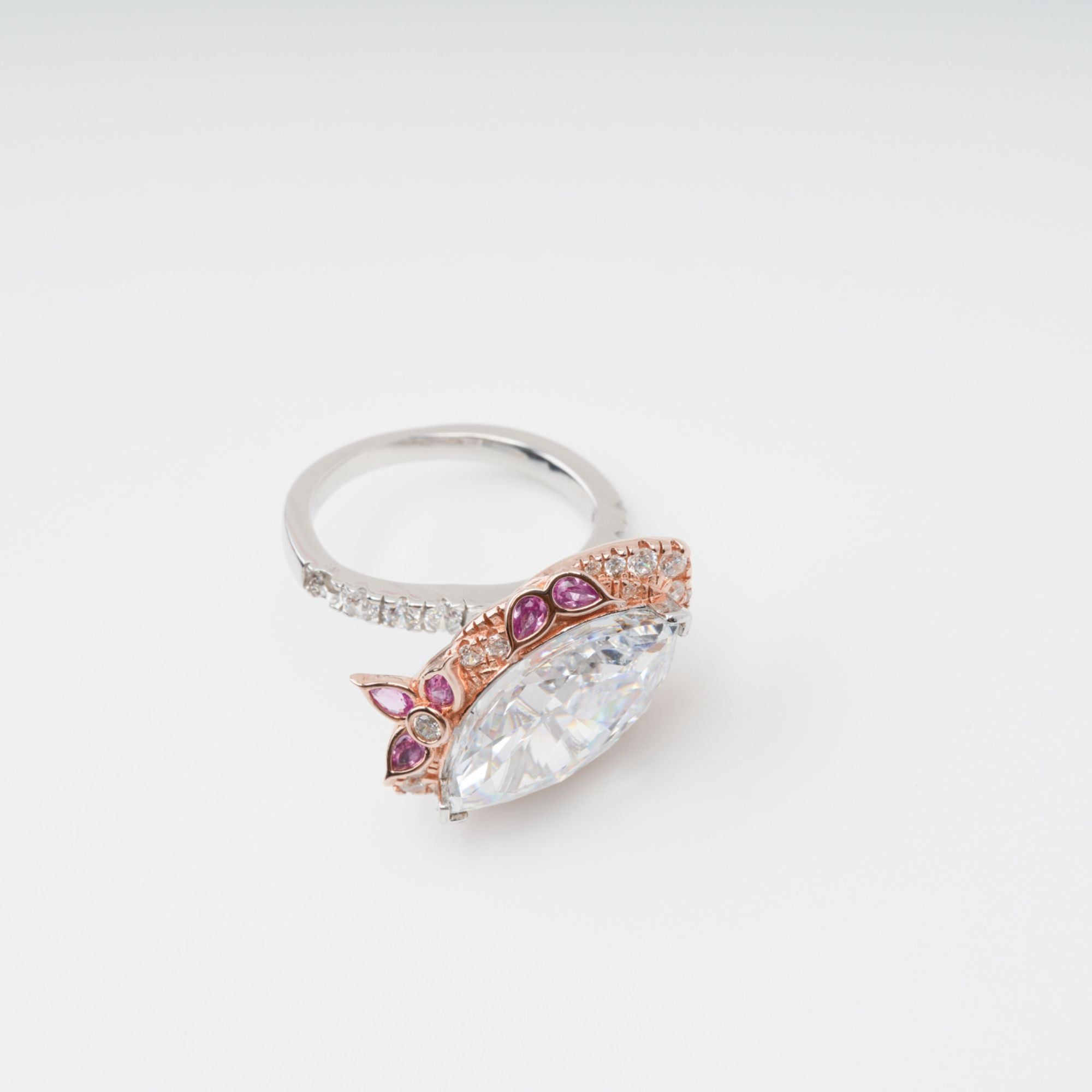 Scintillement Pink Crystal Embellished Sterling Silver Ring Set (3 Pieces)