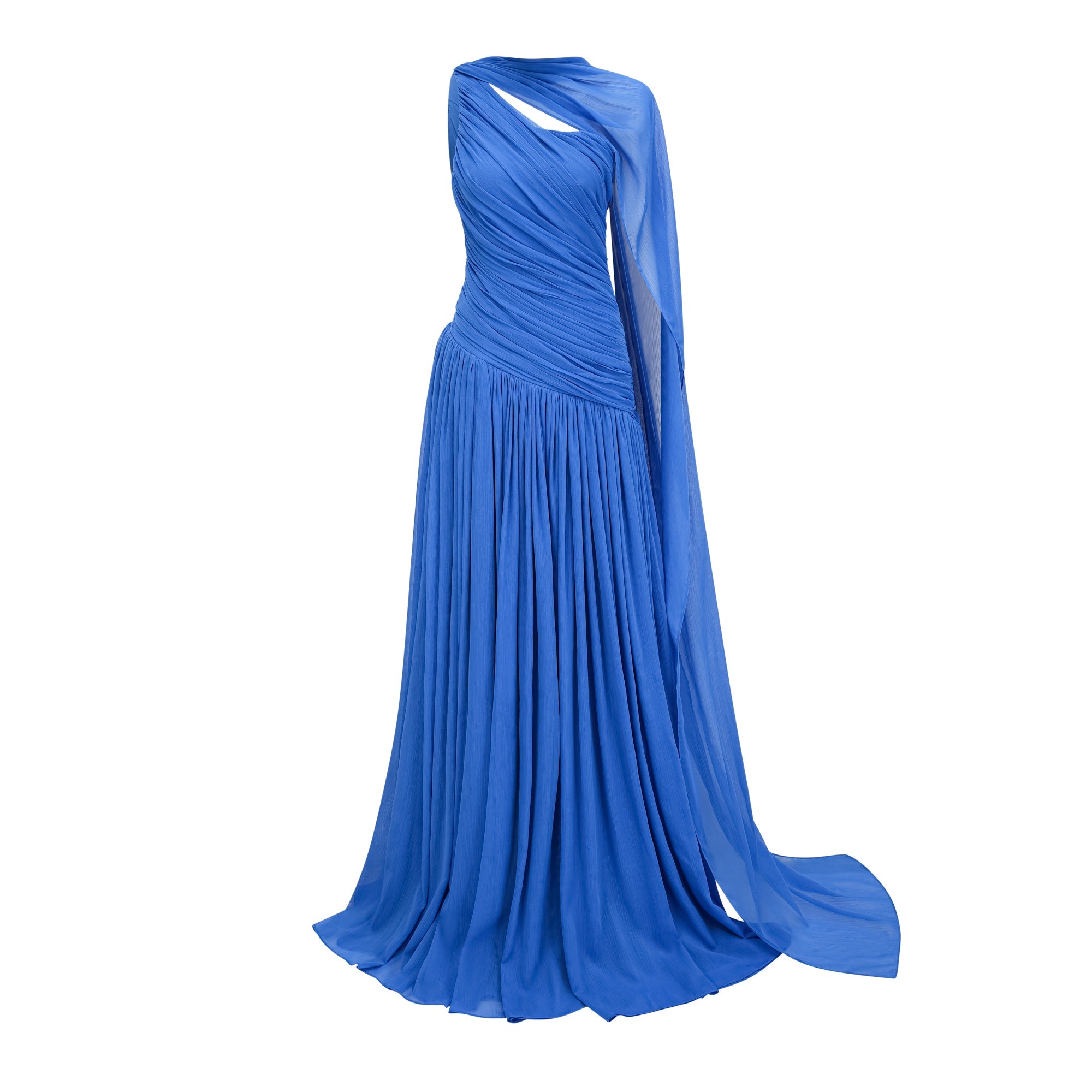 Faustine Blue Cape Design Ruched Maxi Dress