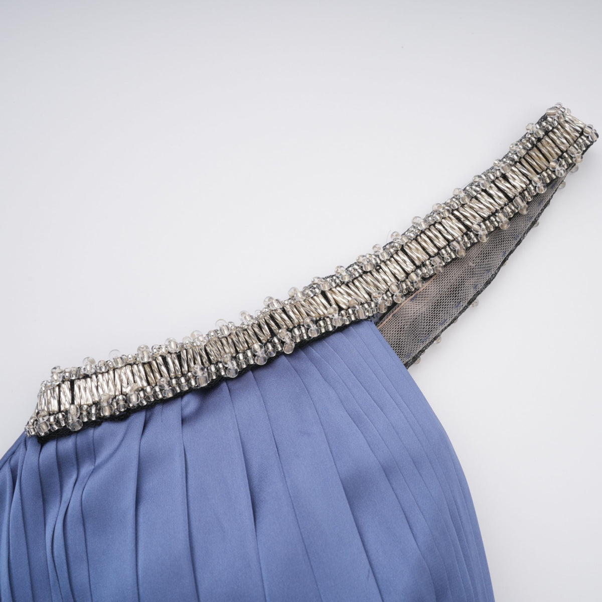 angelína blue diagonal pleated gathered maxi gown