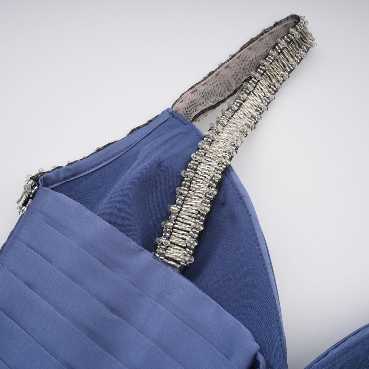 angelína blue diagonal pleated gathered maxi gown